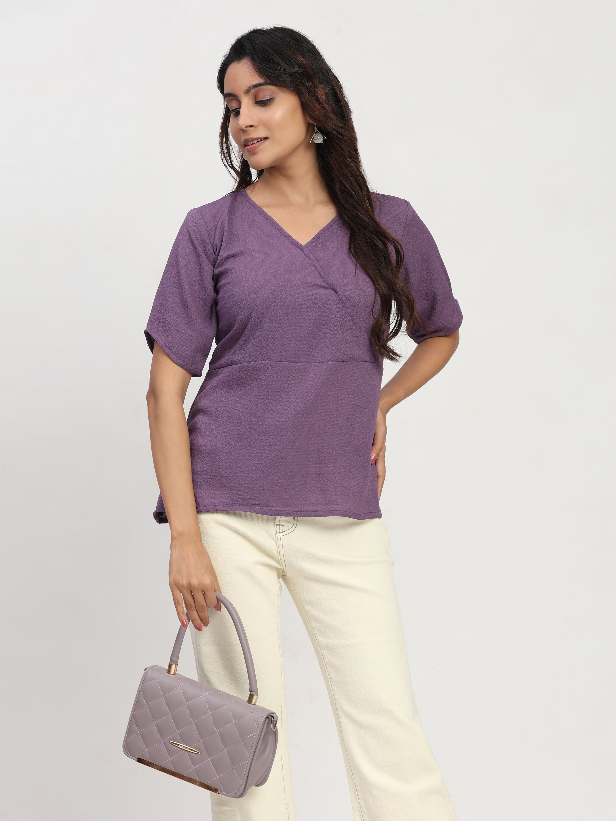 TrendRush Women Purple V-Neck Wrap Party Short Sleeve Top