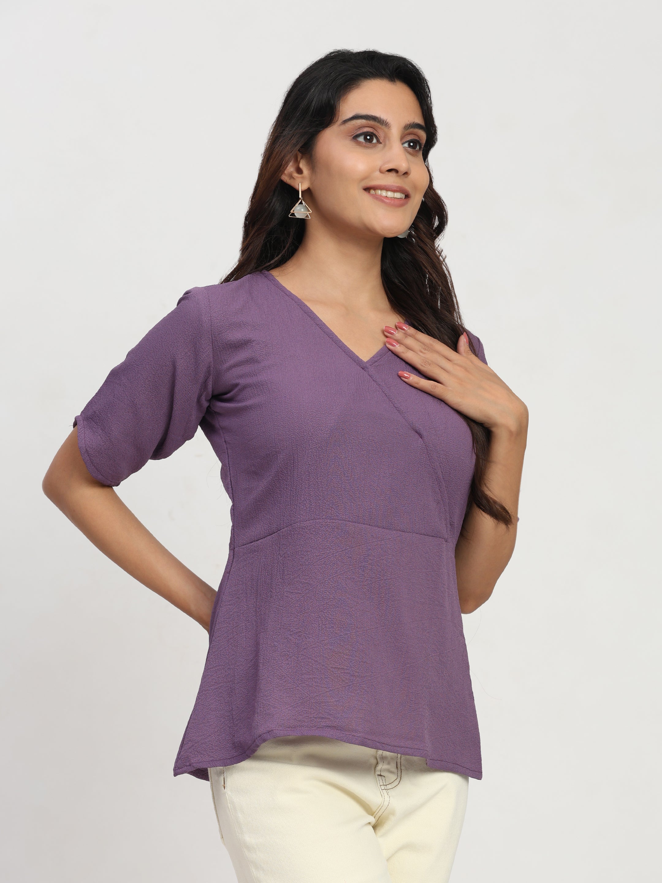 TrendRush Women Purple V-Neck Wrap Party Short Sleeve Top