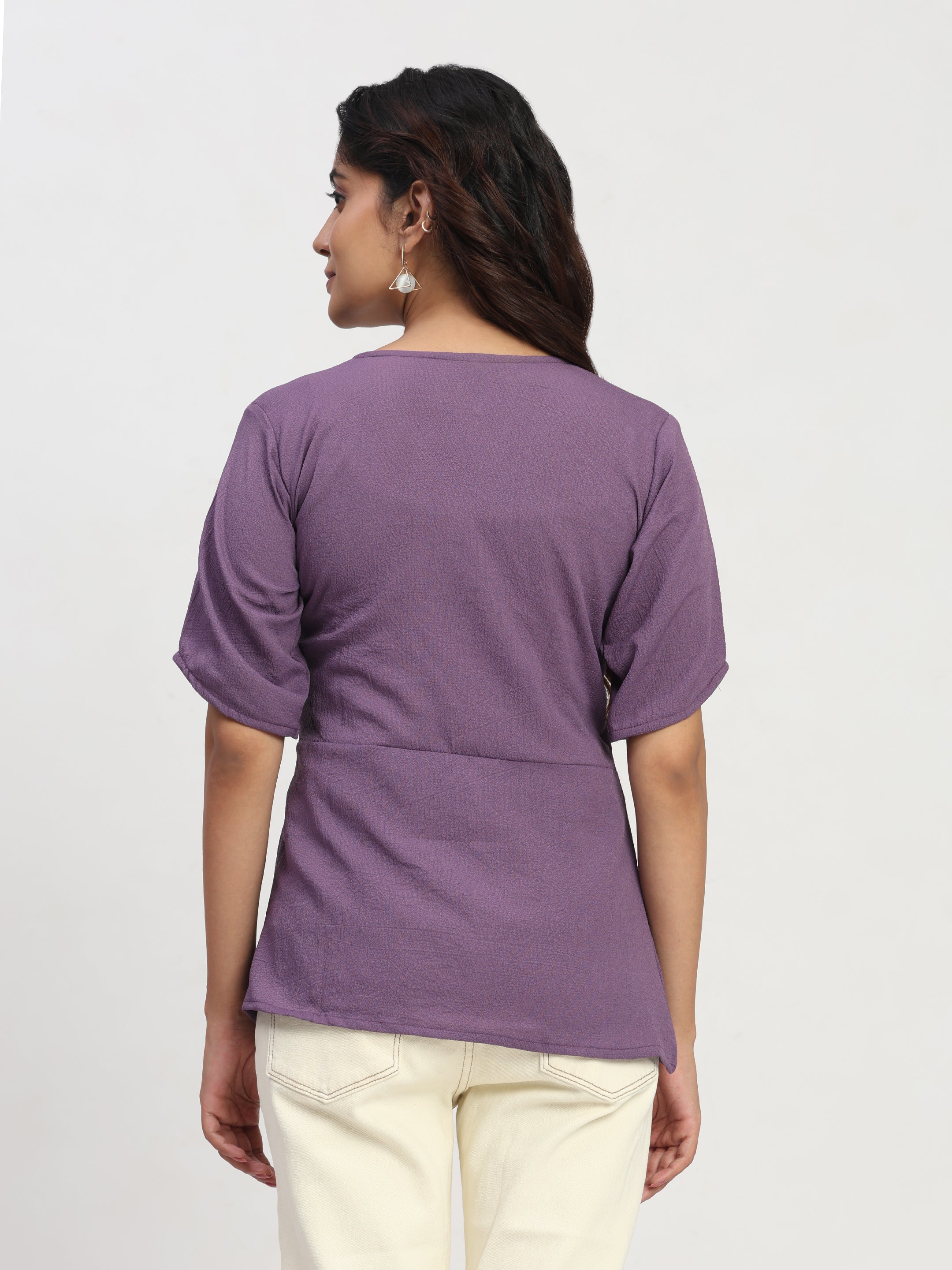 TrendRush Women Purple V-Neck Wrap Party Short Sleeve Top