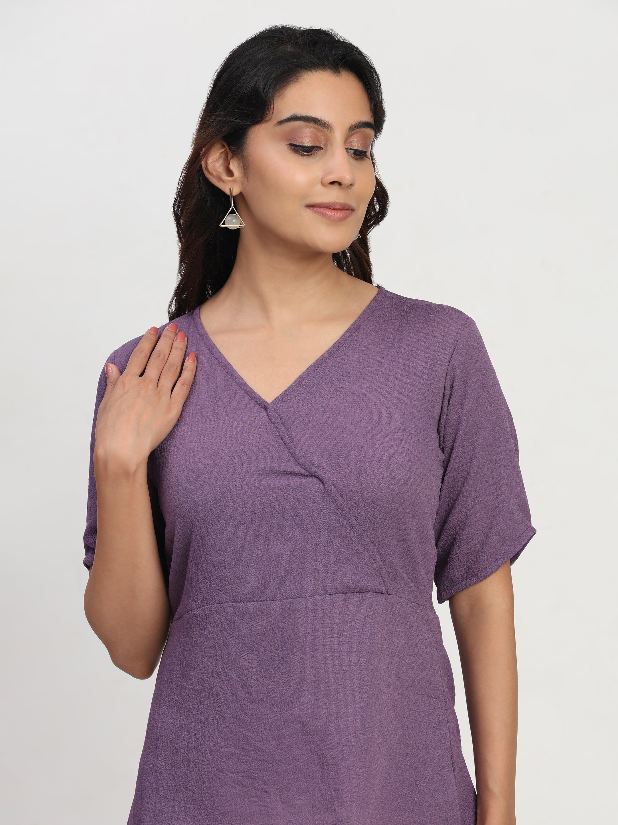TrendRush Women Purple V-Neck Wrap Party Short Sleeve Top