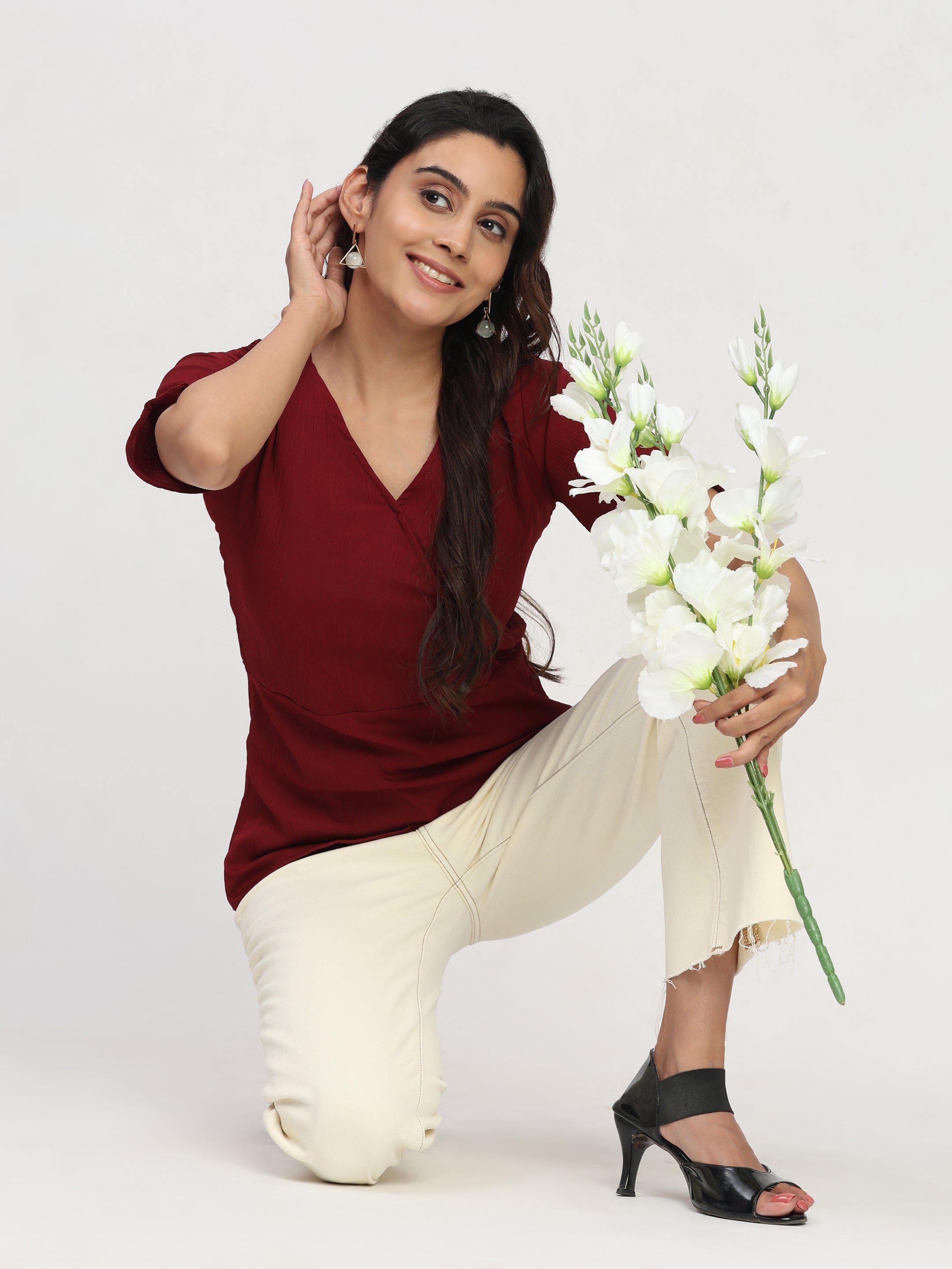 TrendRush Women Maroon V-Neck Wrap Everyday Short Sleeve Top