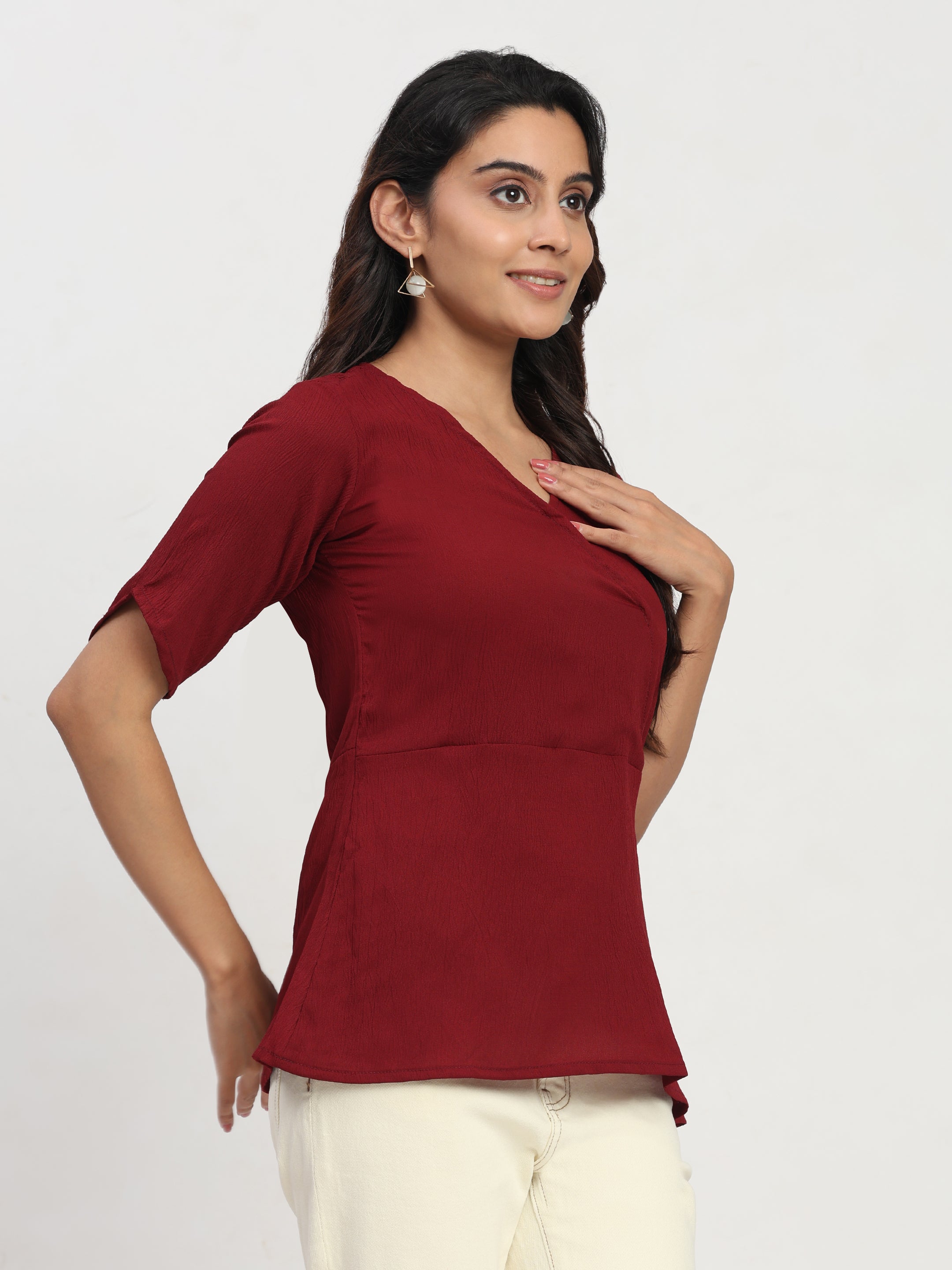 TrendRush Women Maroon V-Neck Wrap Everyday Short Sleeve Top