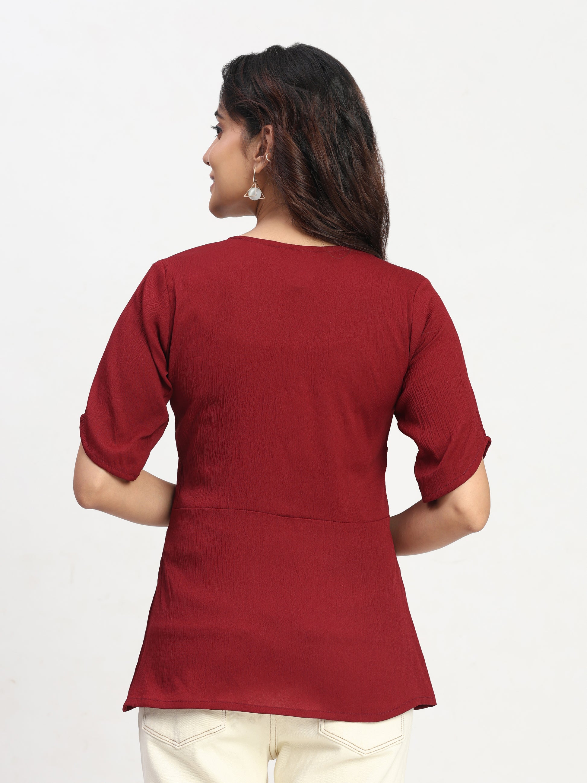 TrendRush Women Maroon V-Neck Wrap Everyday Short Sleeve Top