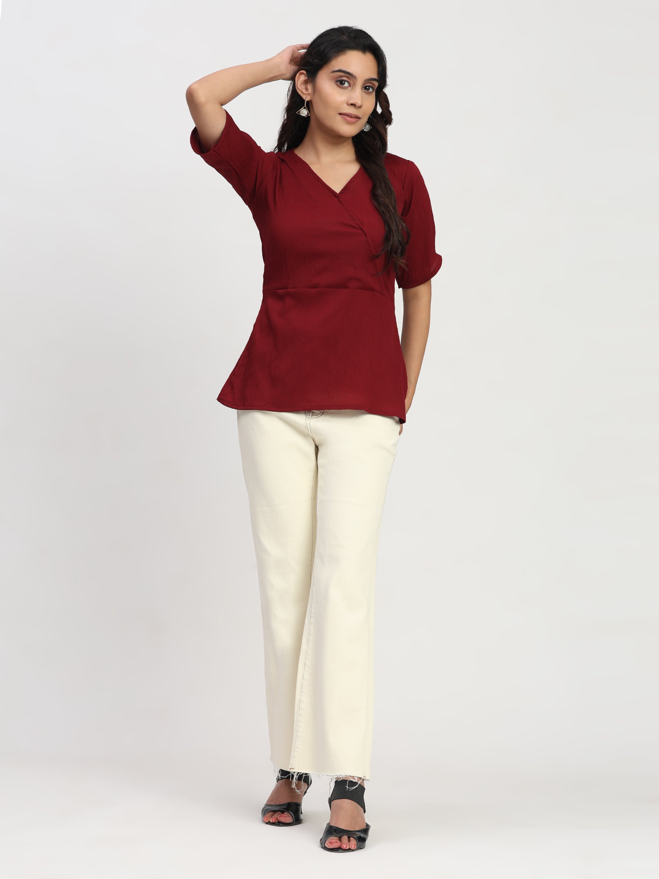 TrendRush Women Maroon V-Neck Wrap Everyday Short Sleeve Top