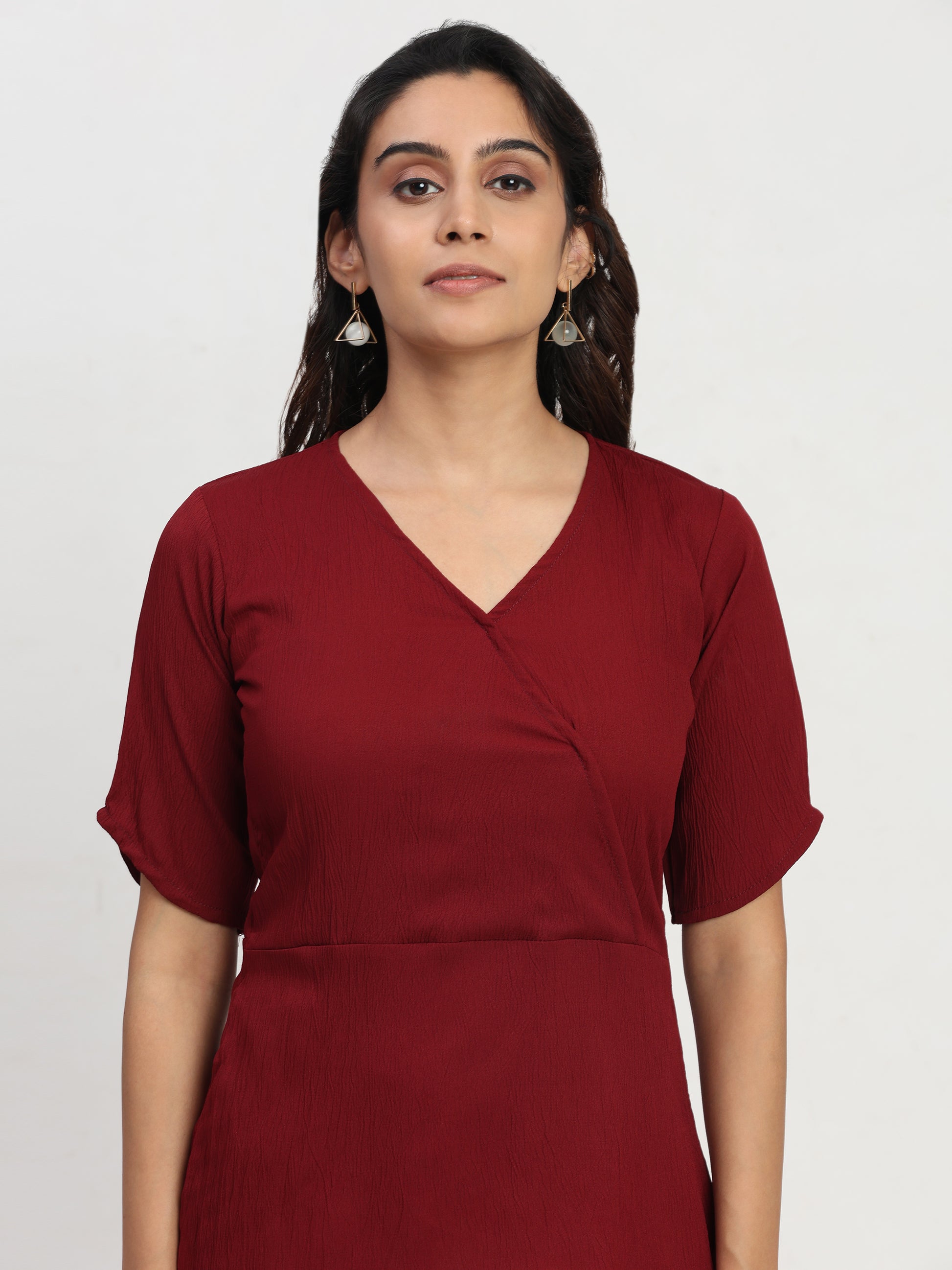 TrendRush Women Maroon V-Neck Wrap Everyday Short Sleeve Top
