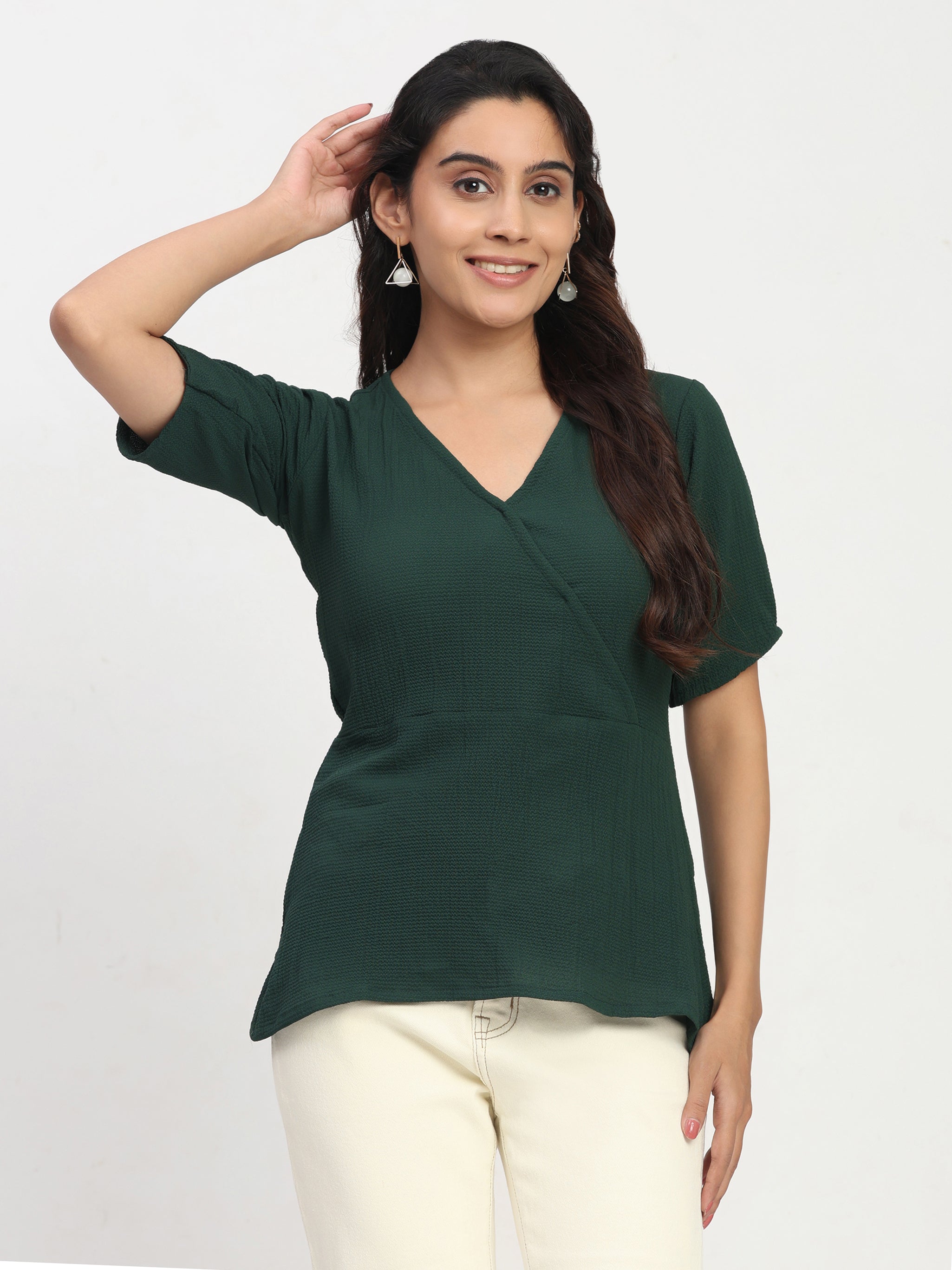 TrendRush Women’s Green Wrap Style V-Neck Short Sleeve Regular Fit Top