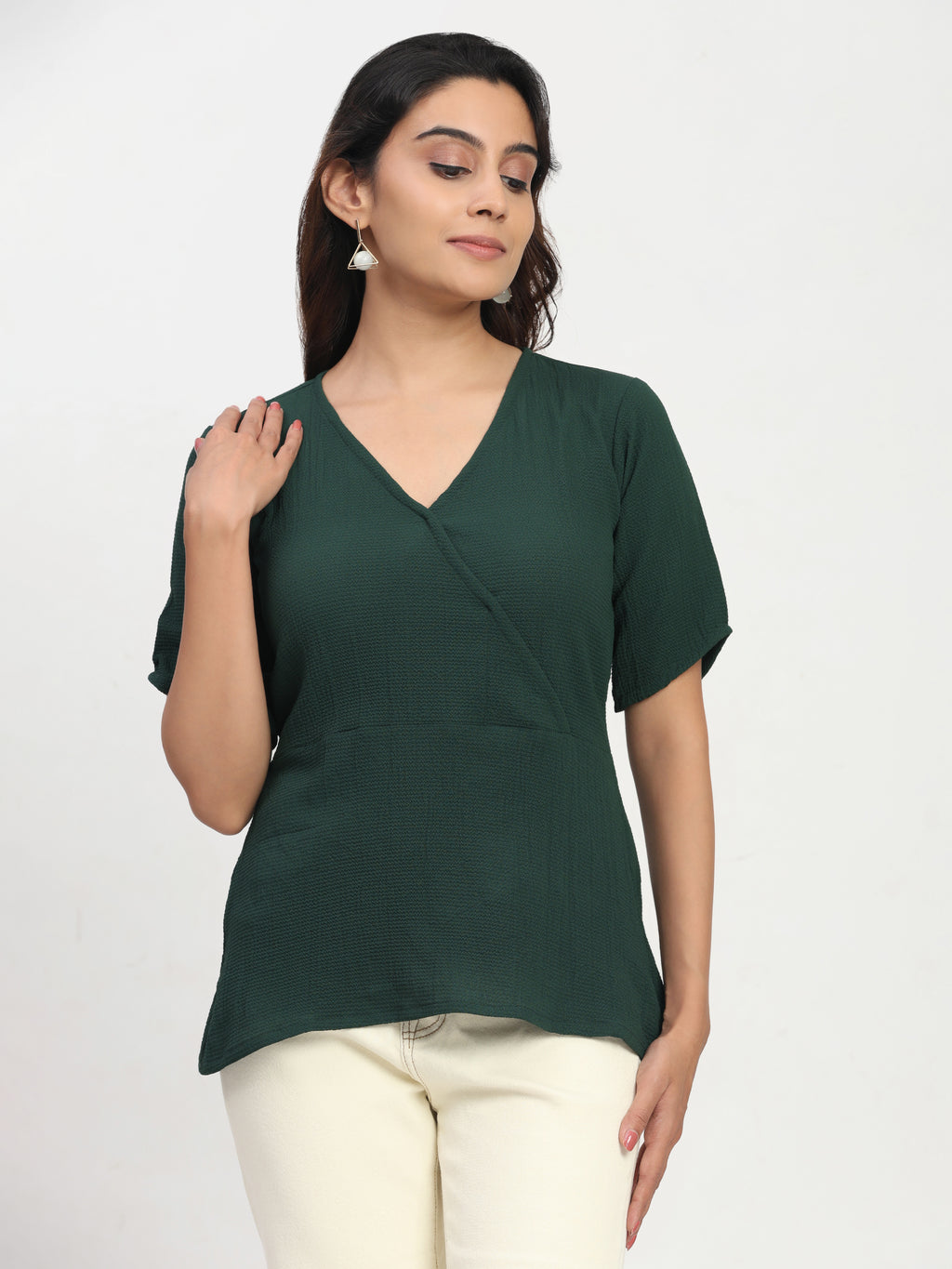 TrendRush Women’s Green Wrap Style V-Neck Short Sleeve Regular Fit Top