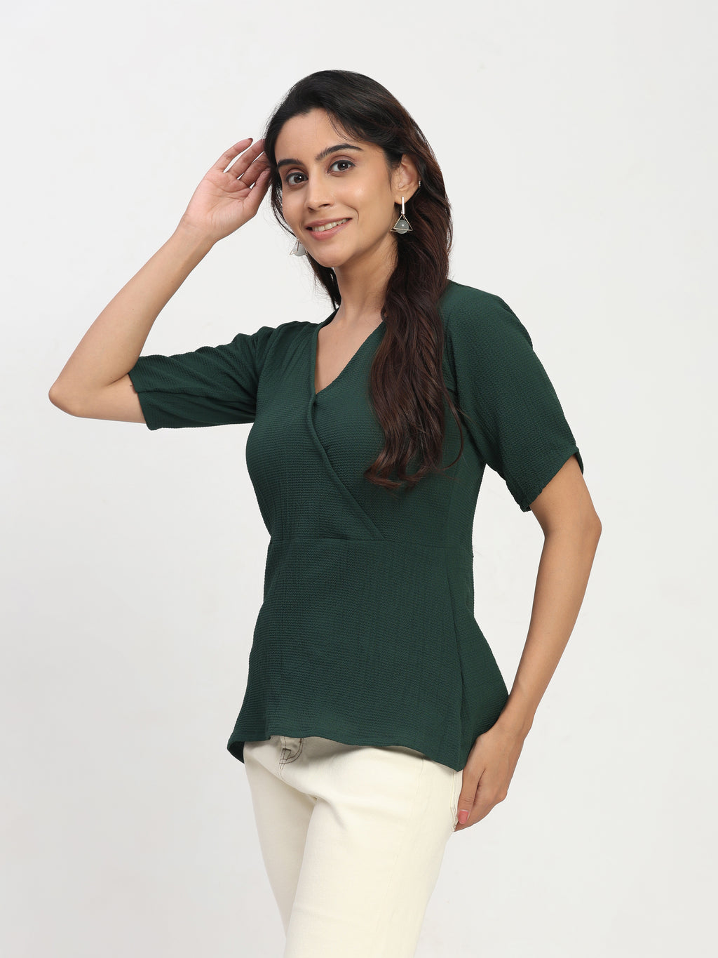 TrendRush Women’s Green Wrap Style V-Neck Short Sleeve Regular Fit Top