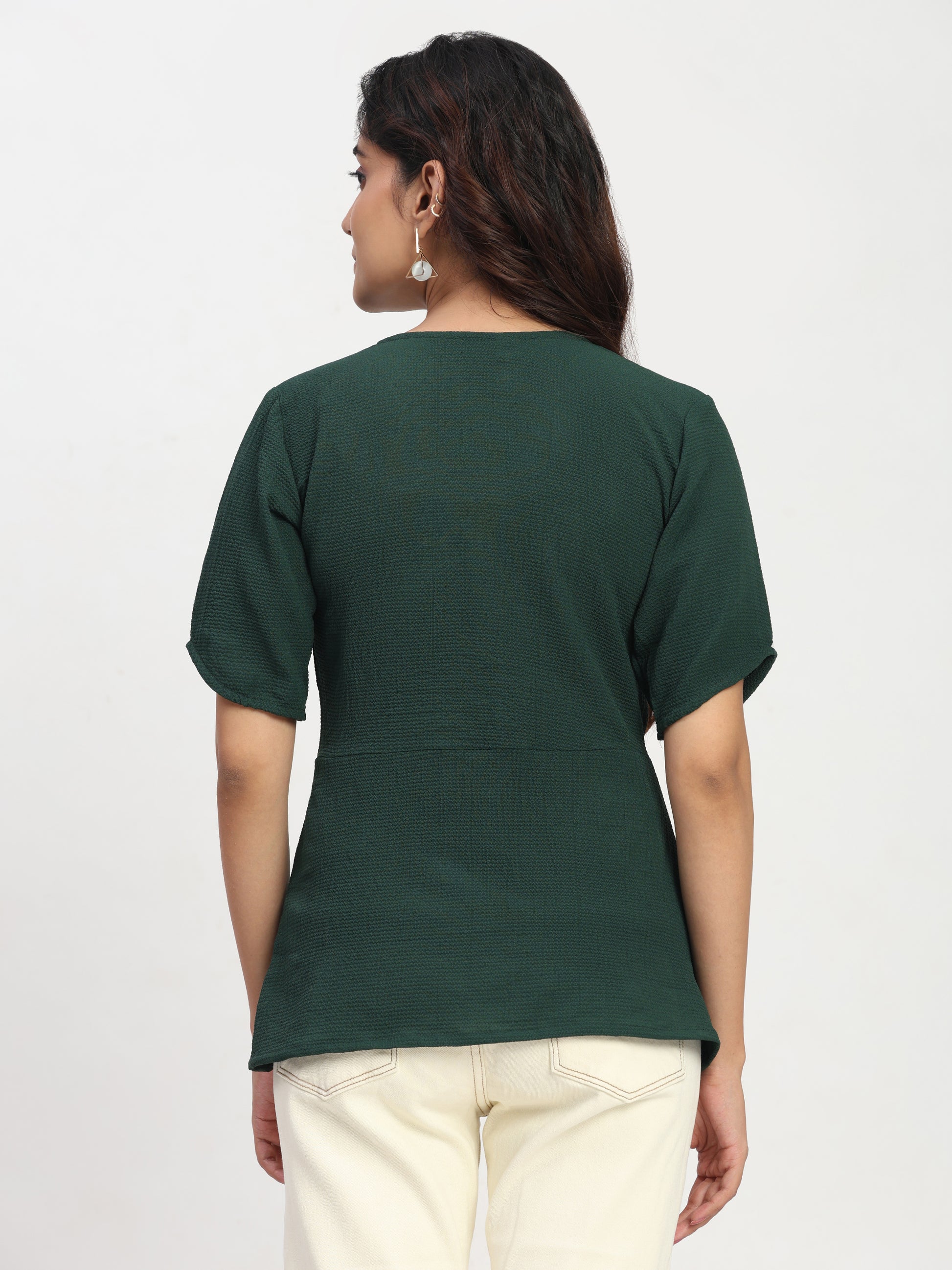 TrendRush Women’s Green Wrap Style V-Neck Short Sleeve Regular Fit Top