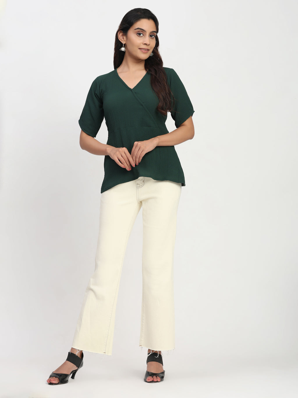 TrendRush Women’s Green Wrap Style V-Neck Short Sleeve Regular Fit Top