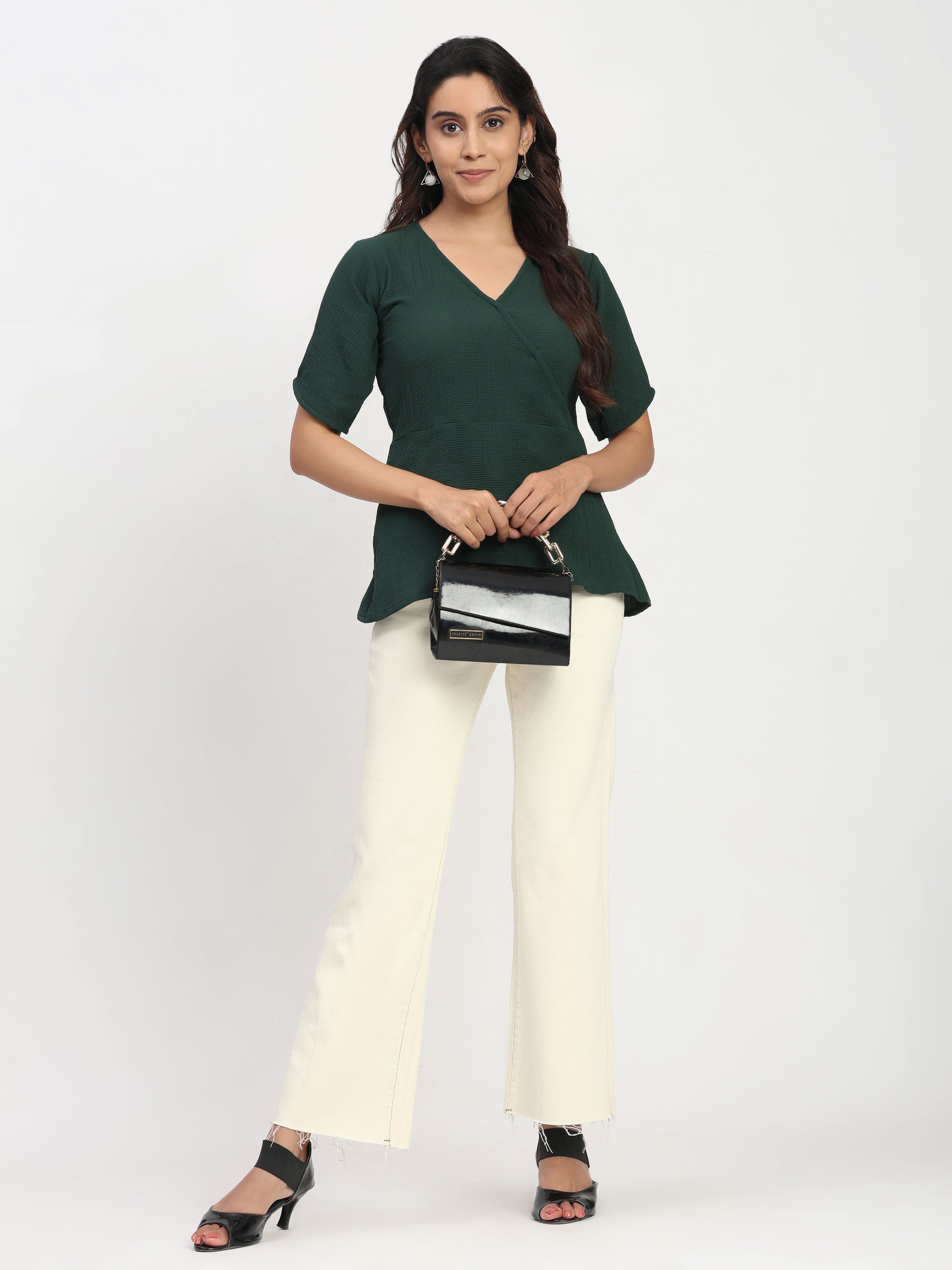 TrendRush Women’s Green Wrap Style V-Neck Short Sleeve Regular Fit Top