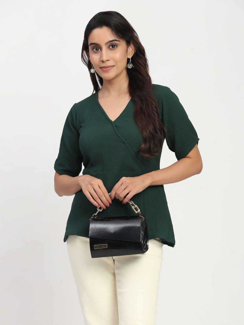 TrendRush Women’s Green Wrap Style V-Neck Short Sleeve Regular Fit Top