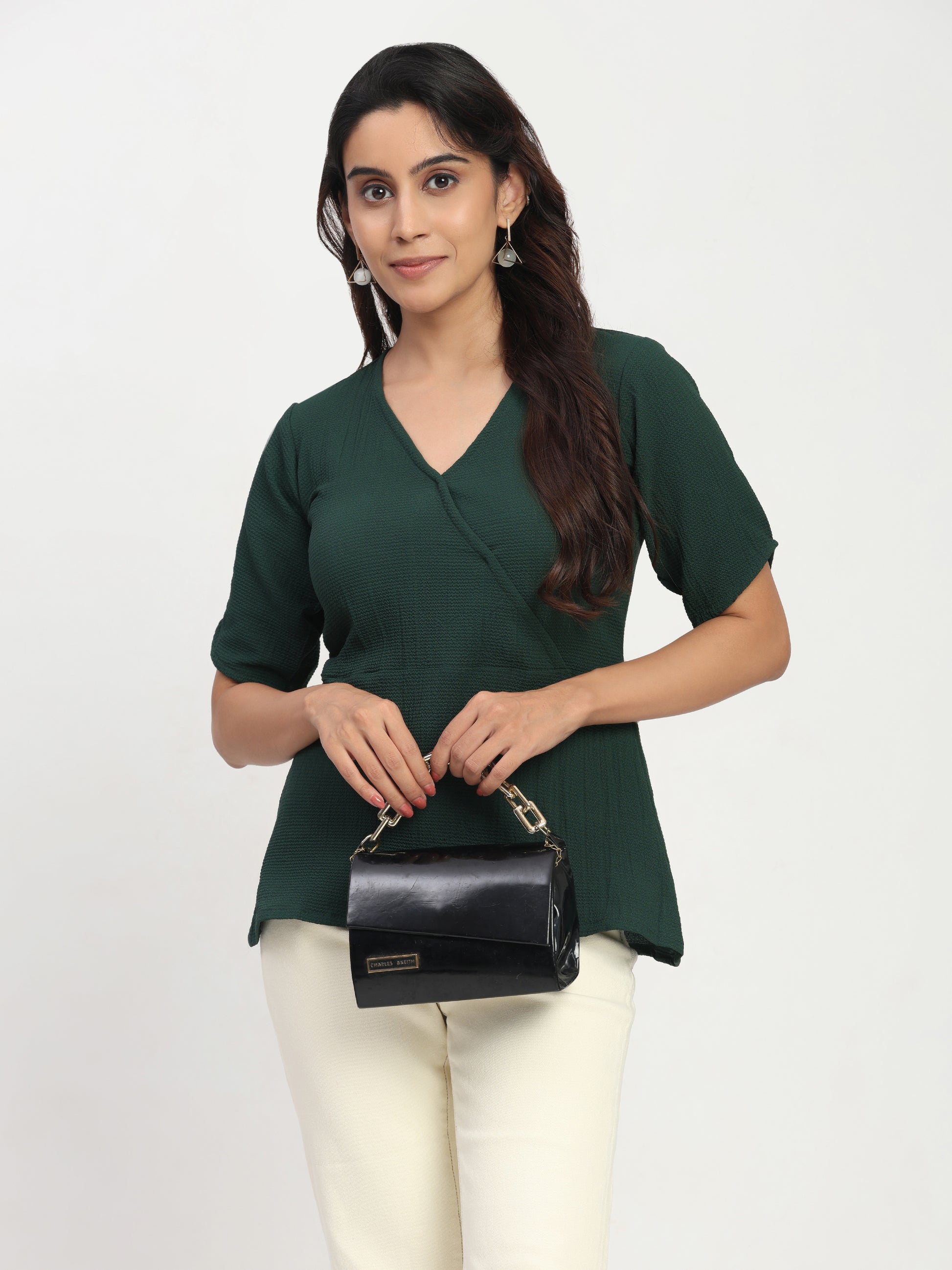 TrendRush Women’s Green Wrap Style V-Neck Short Sleeve Regular Fit Top