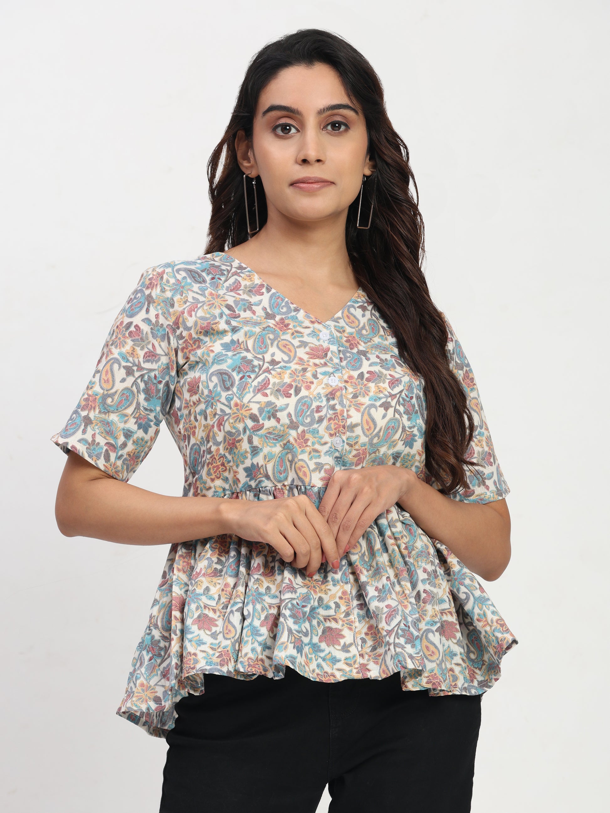 TrendRush Women Blue Floral V-Neck Peplum Casual Short Sleeve Top