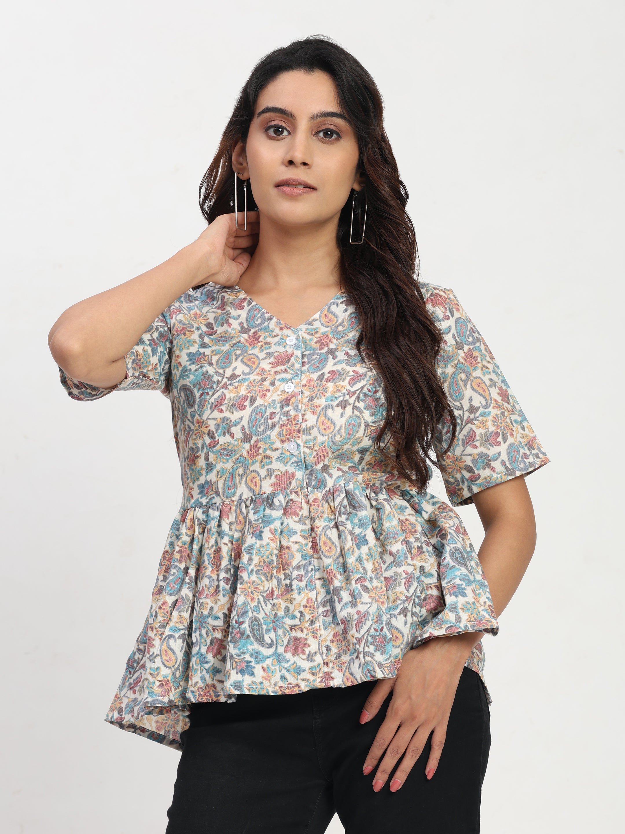 TrendRush Women Blue Floral V-Neck Peplum Casual Short Sleeve Top