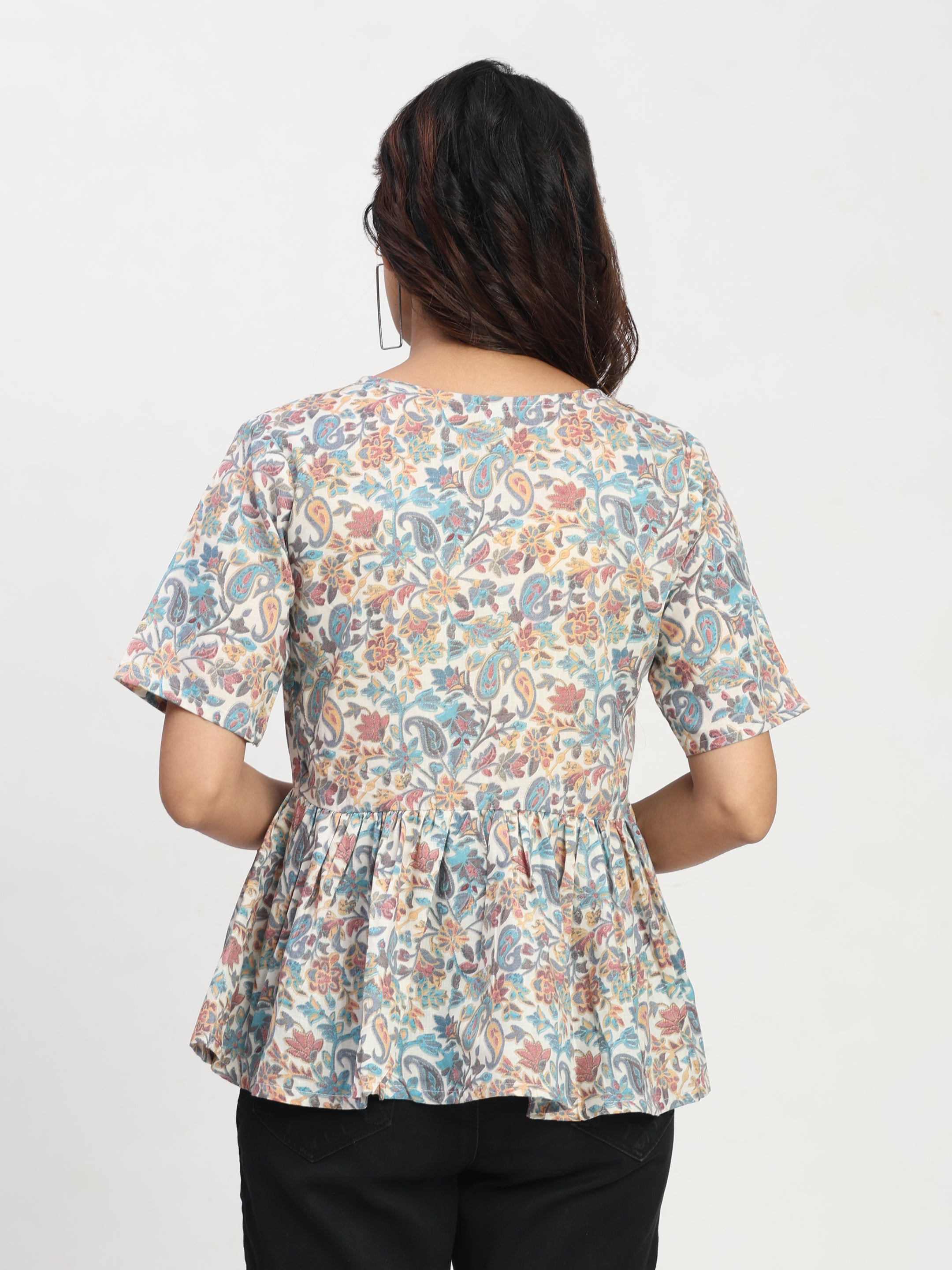 TrendRush Women Blue Floral V-Neck Peplum Casual Short Sleeve Top