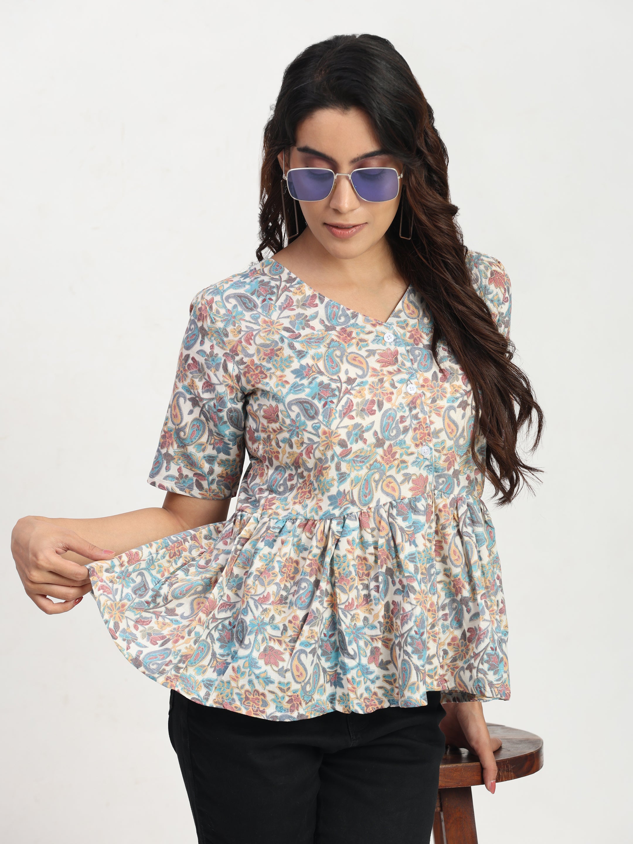 TrendRush Women Blue Floral V-Neck Peplum Casual Short Sleeve Top