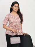 TrendRush Women Pink Floral V-Neck Peplum Trendy Short Sleeve Top