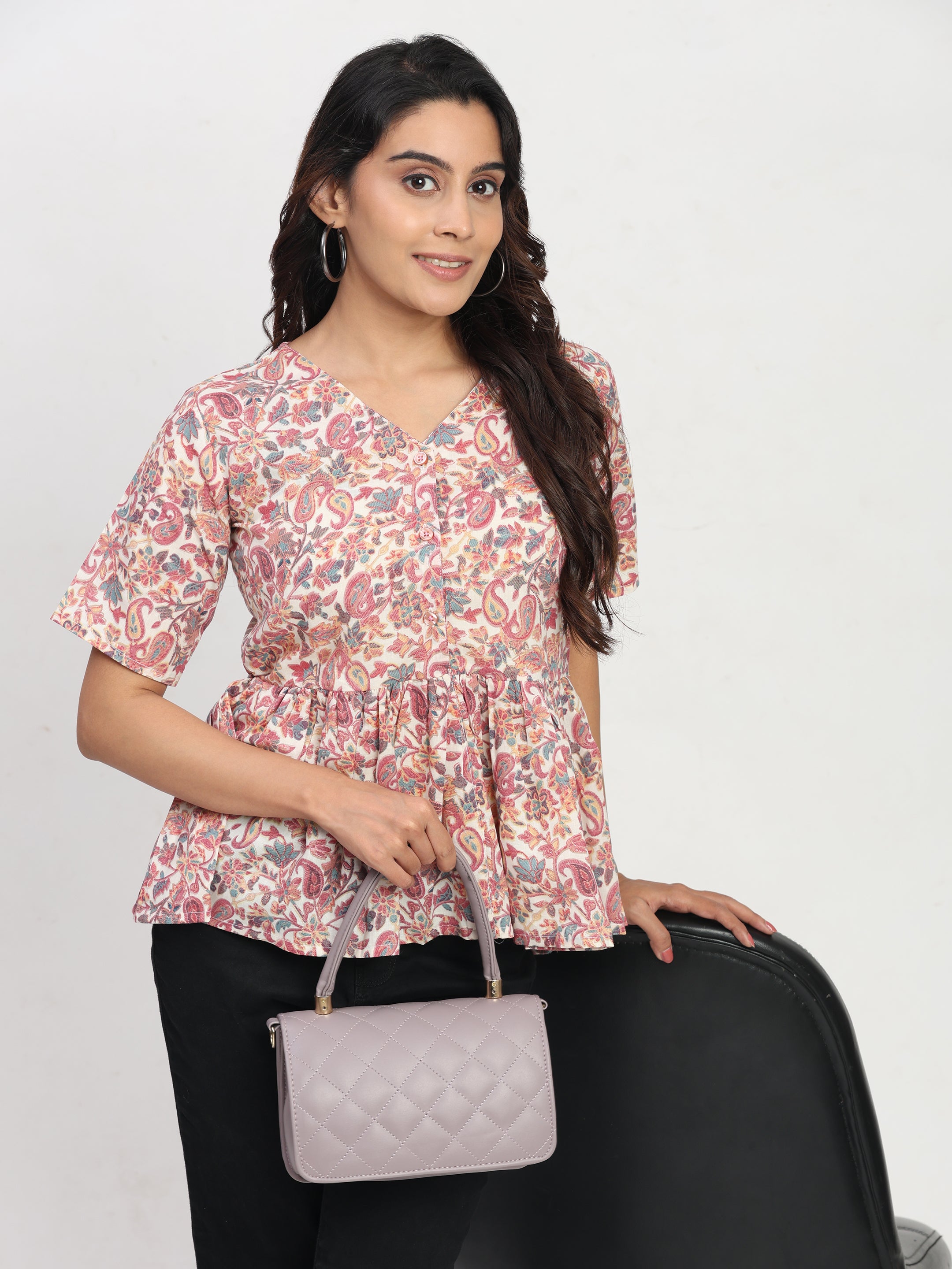 TrendRush Women Pink Floral V-Neck Peplum Trendy Short Sleeve Top