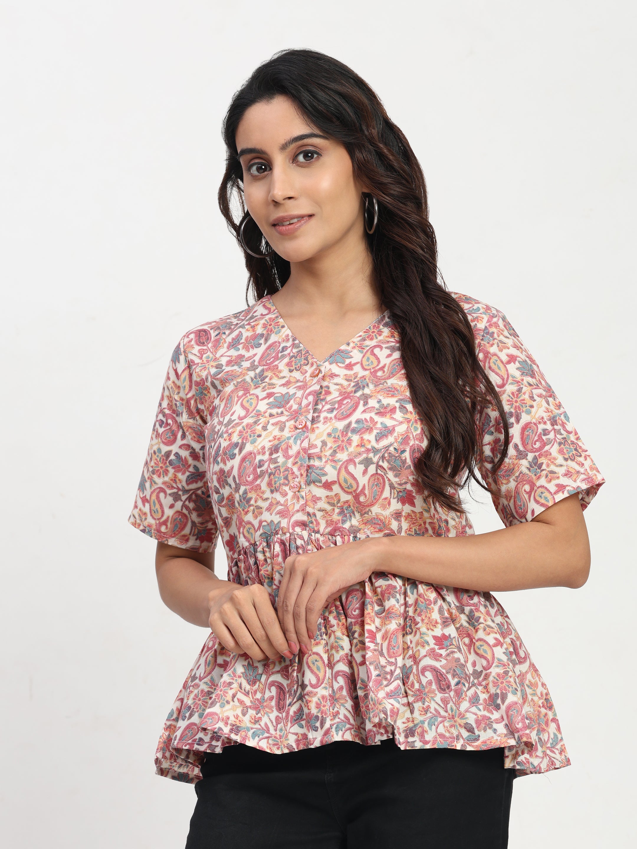 TrendRush Women Pink Floral V-Neck Peplum Trendy Short Sleeve Top