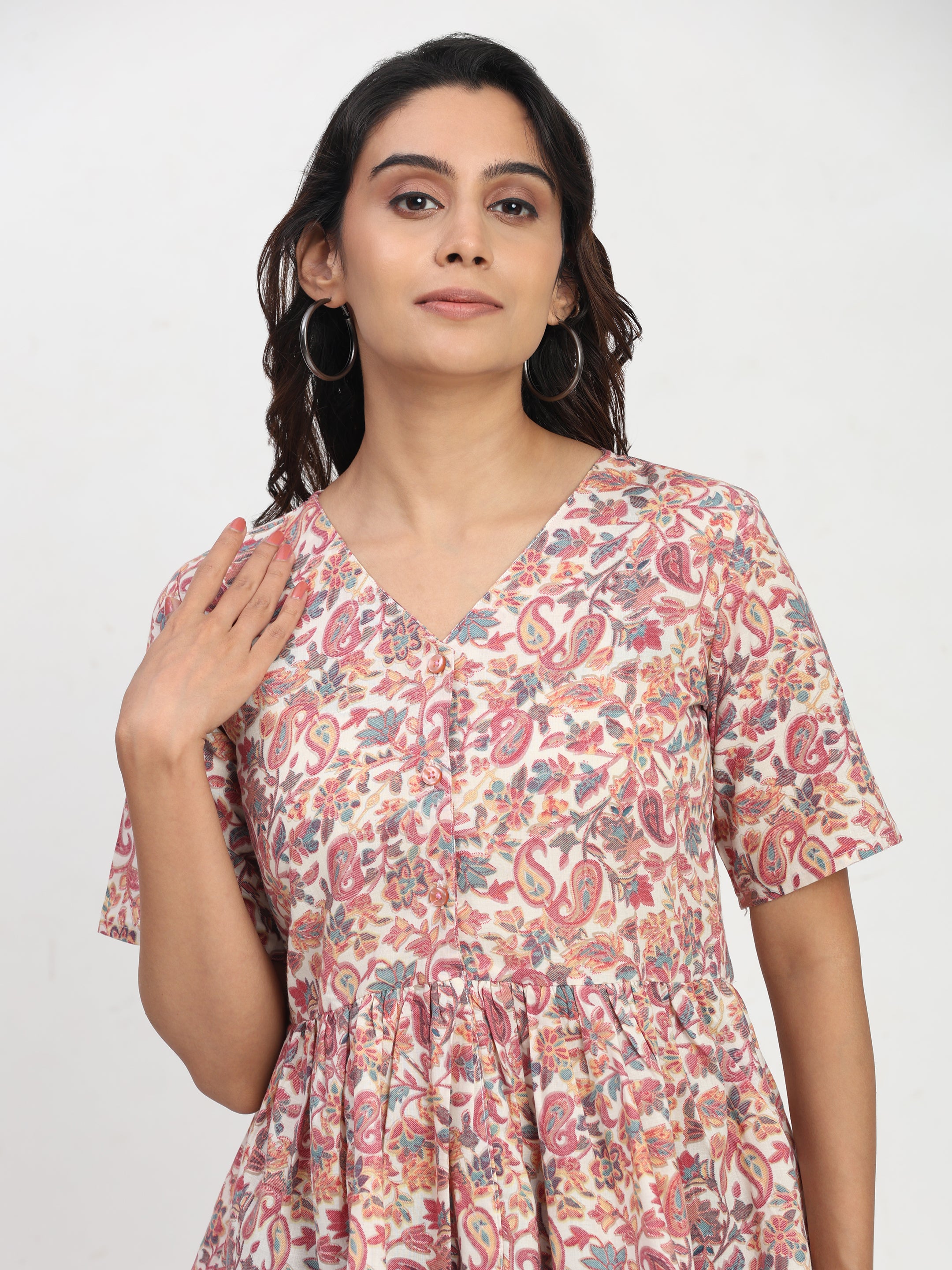 TrendRush Women Pink Floral V-Neck Peplum Trendy Short Sleeve Top