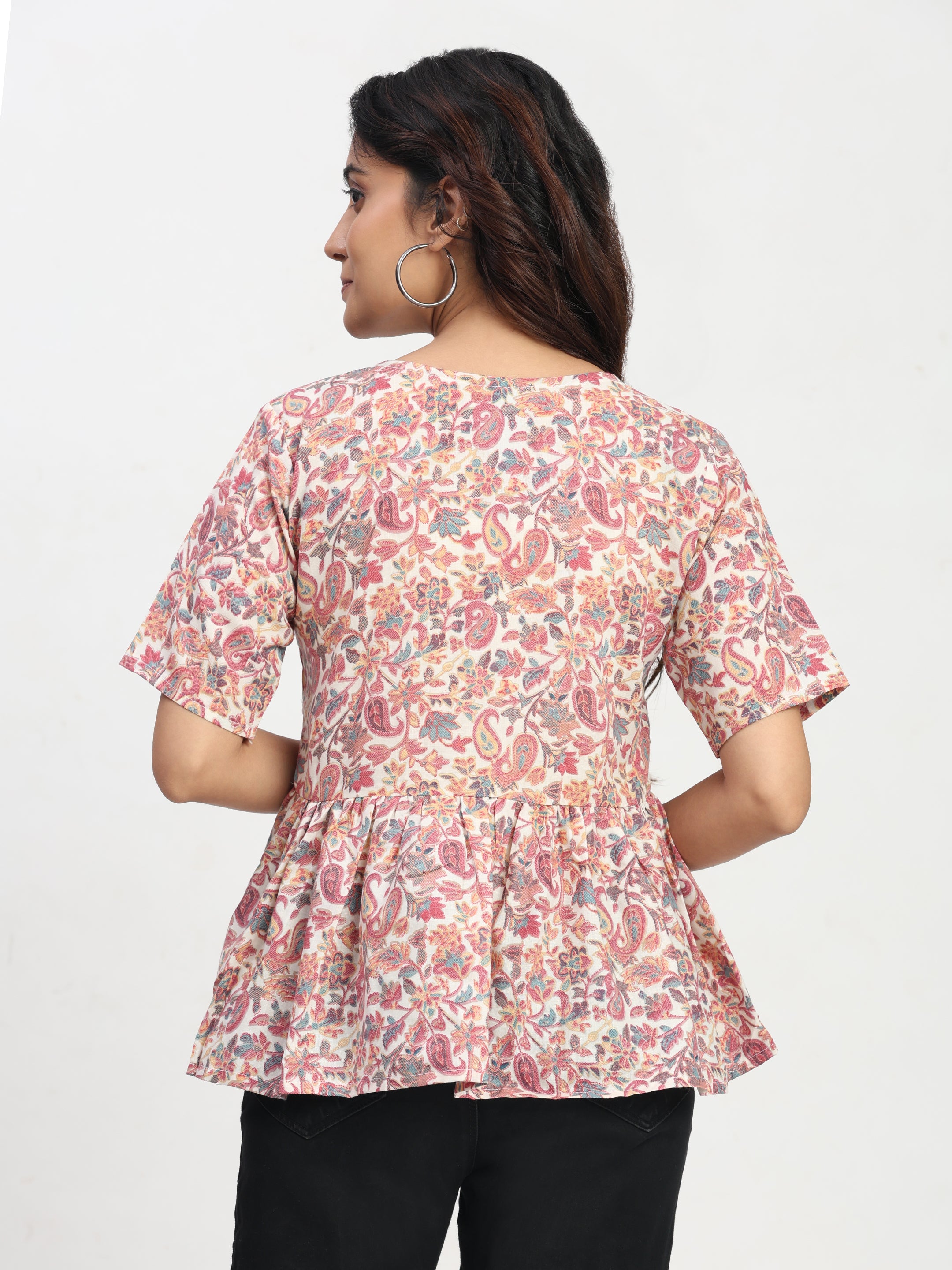 TrendRush Women Pink Floral V-Neck Peplum Trendy Short Sleeve Top