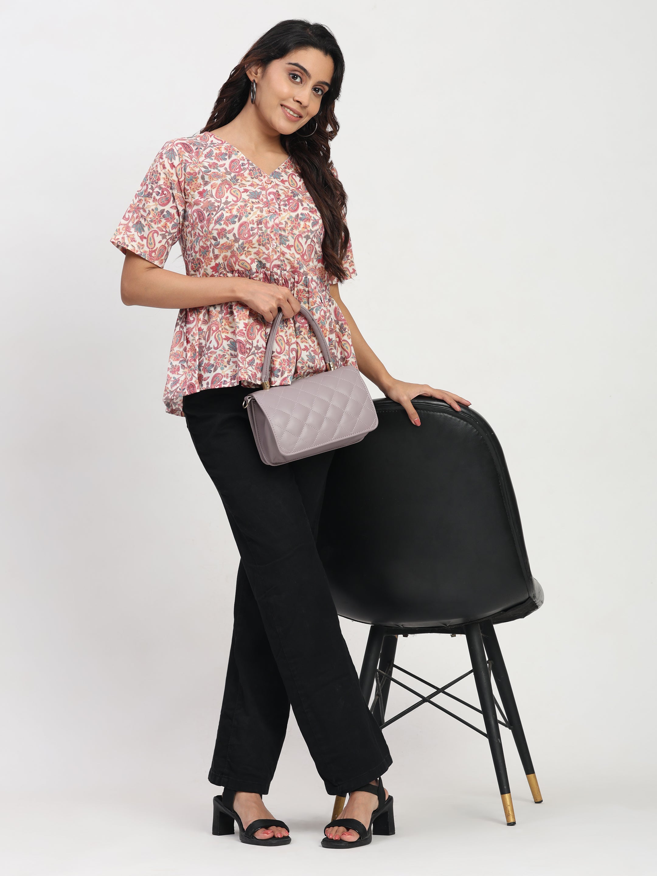 TrendRush Women Pink Floral V-Neck Peplum Trendy Short Sleeve Top