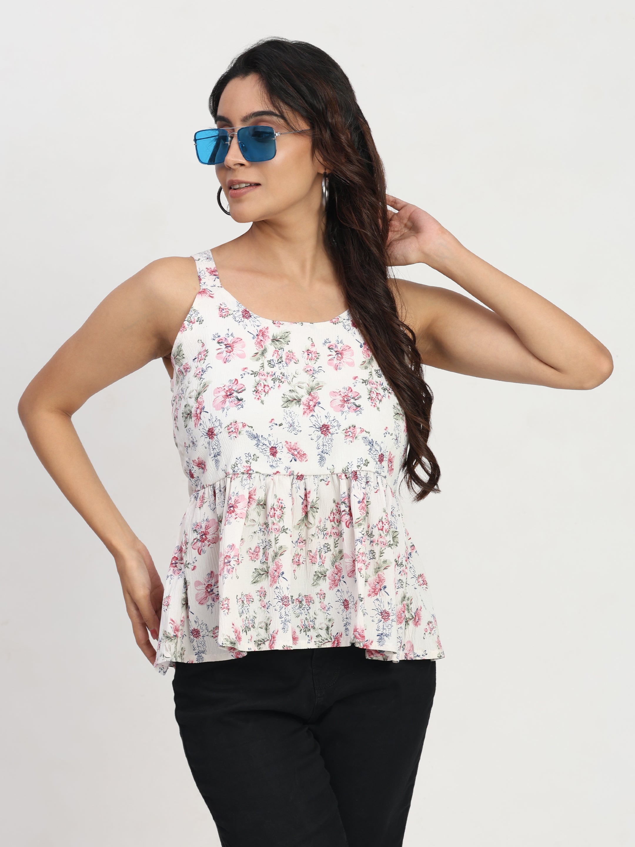 TrendRush Women White and Multi Floral Sleeveless Square Neck Casual Top