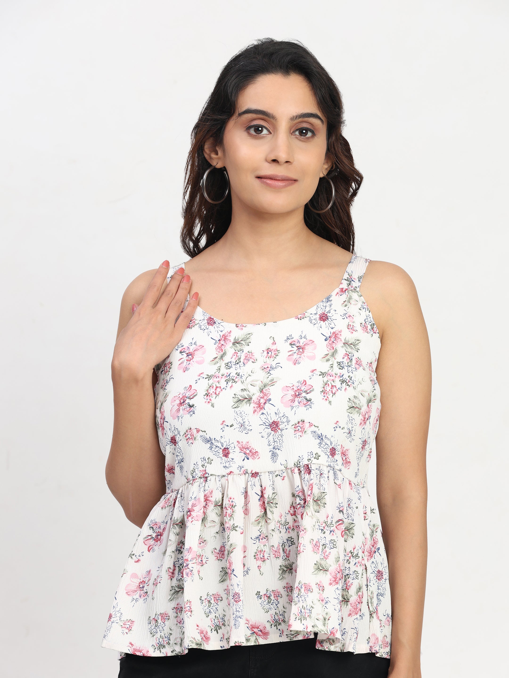 TrendRush Women White and Multi Floral Sleeveless Square Neck Casual Top