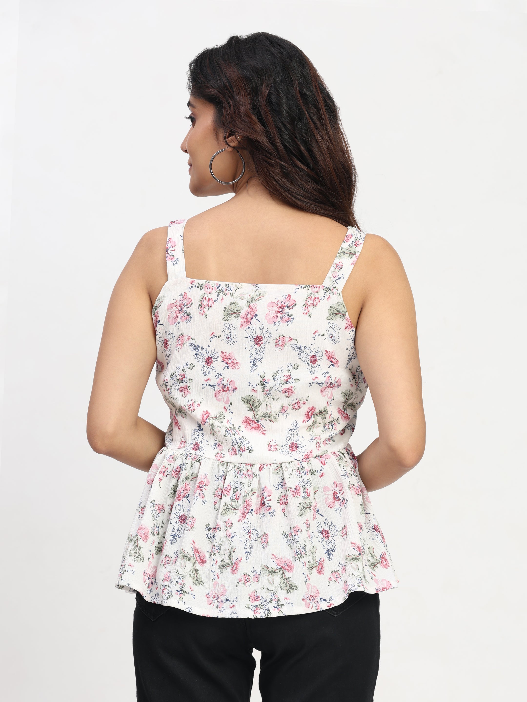 TrendRush Women White and Multi Floral Sleeveless Square Neck Casual Top
