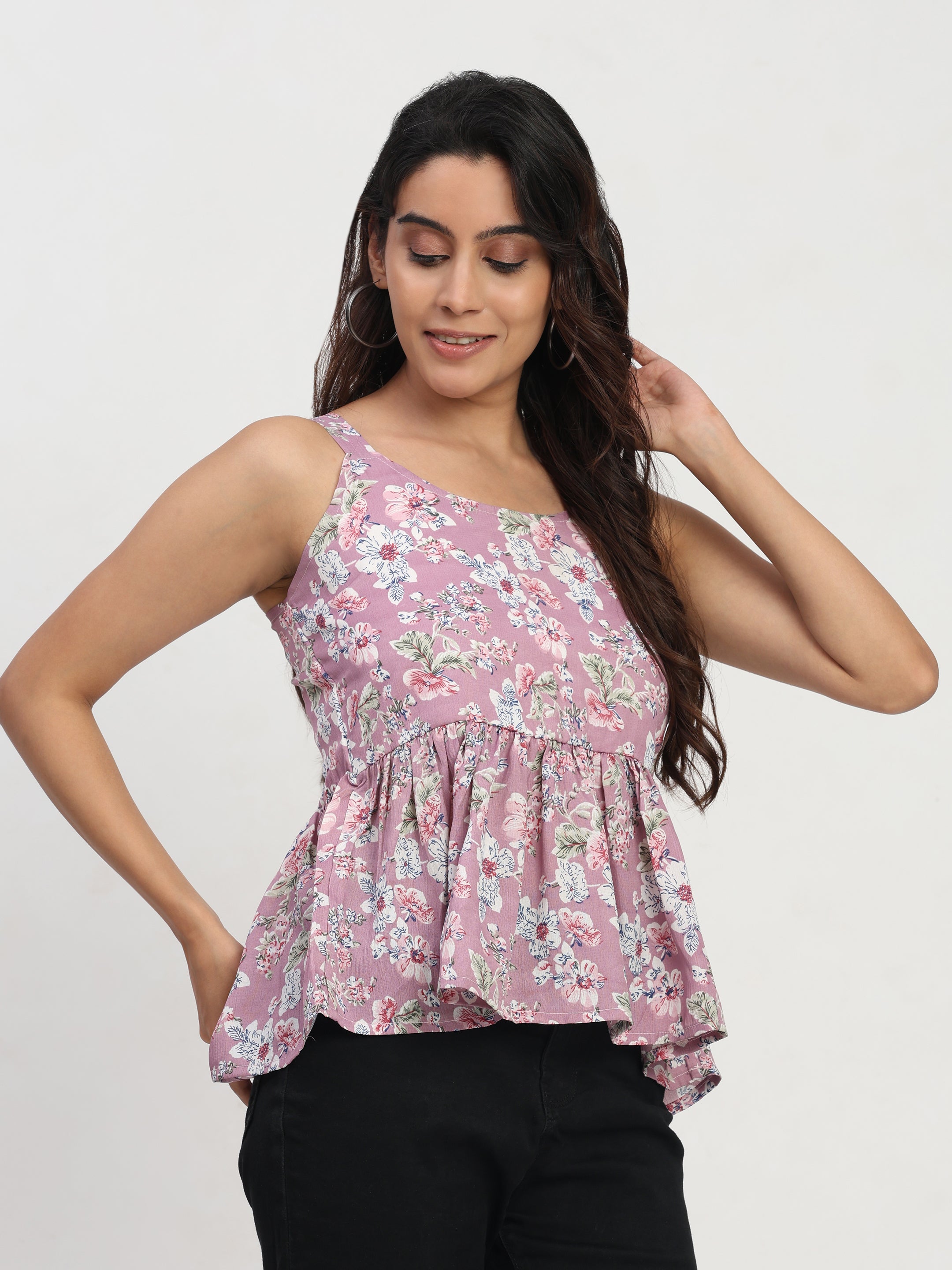 TrendRush Women Purple and Multi Floral Sleeveless Square Neck Trendy Top