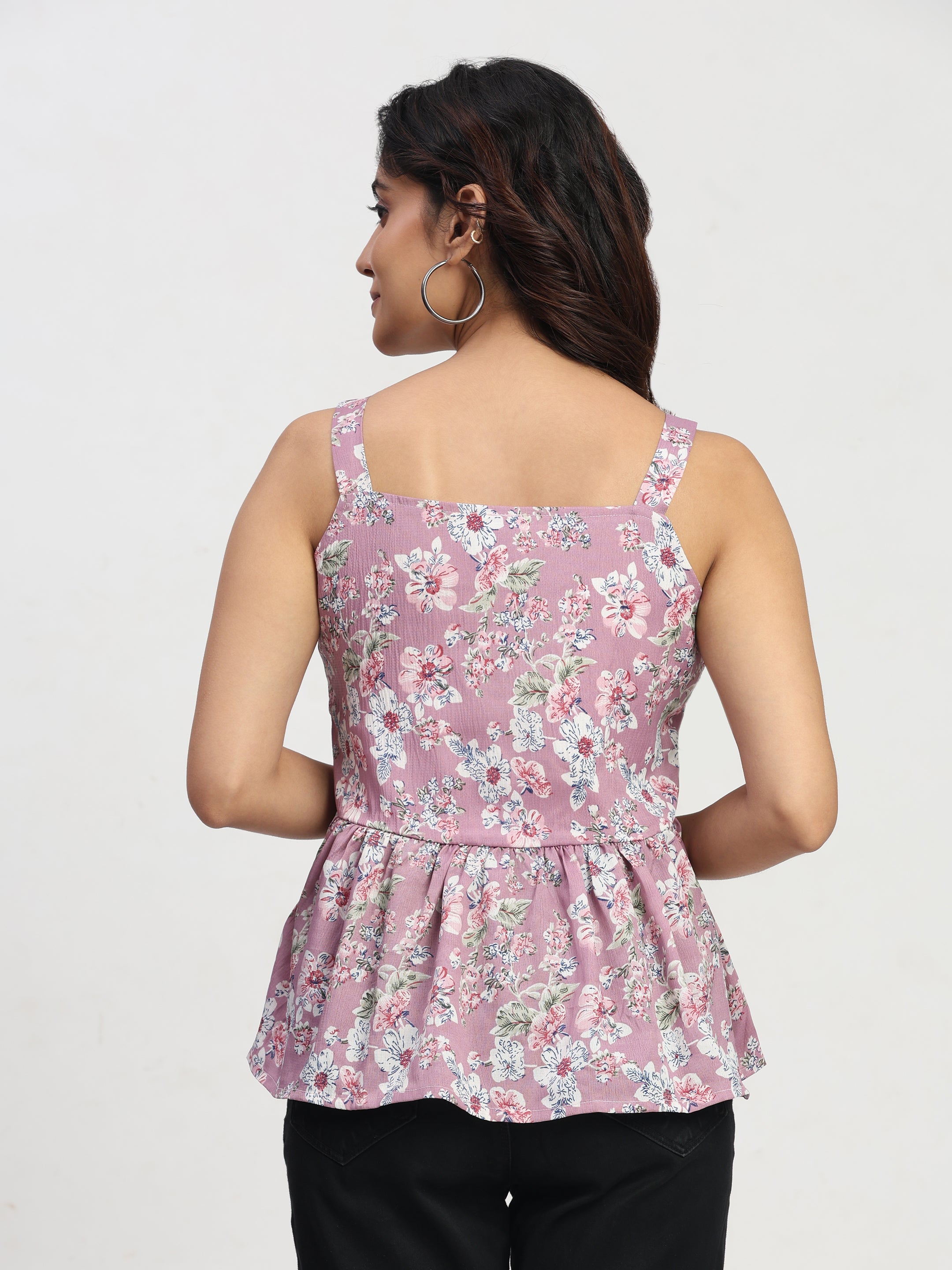 TrendRush Women Purple and Multi Floral Sleeveless Square Neck Trendy Top