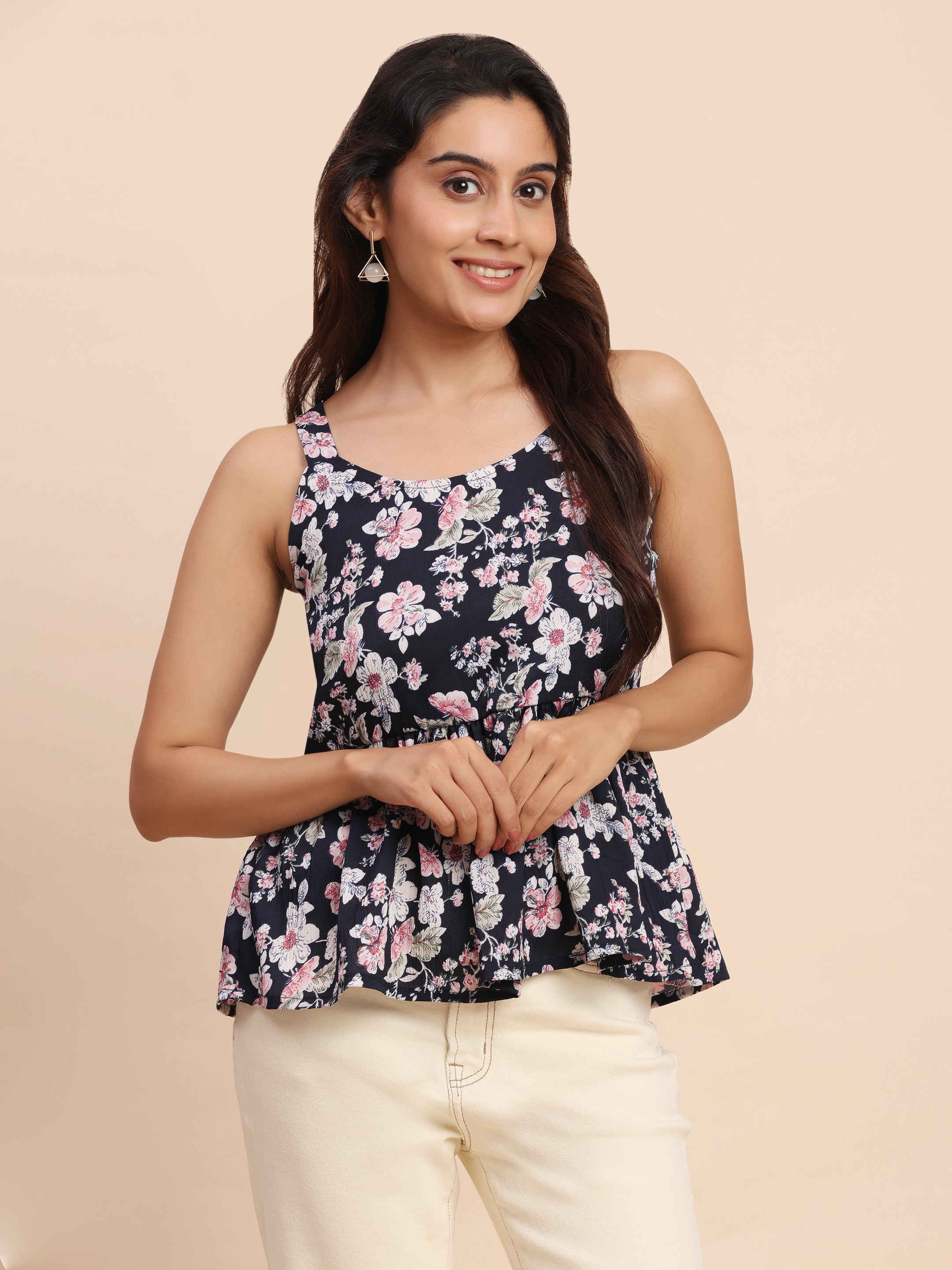 TrendRush Women’s Black Floral Square Neck Sleeveless Peplum Top