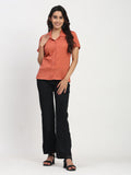 TrendRush Women Orange Short Sleeve Solid Shirt