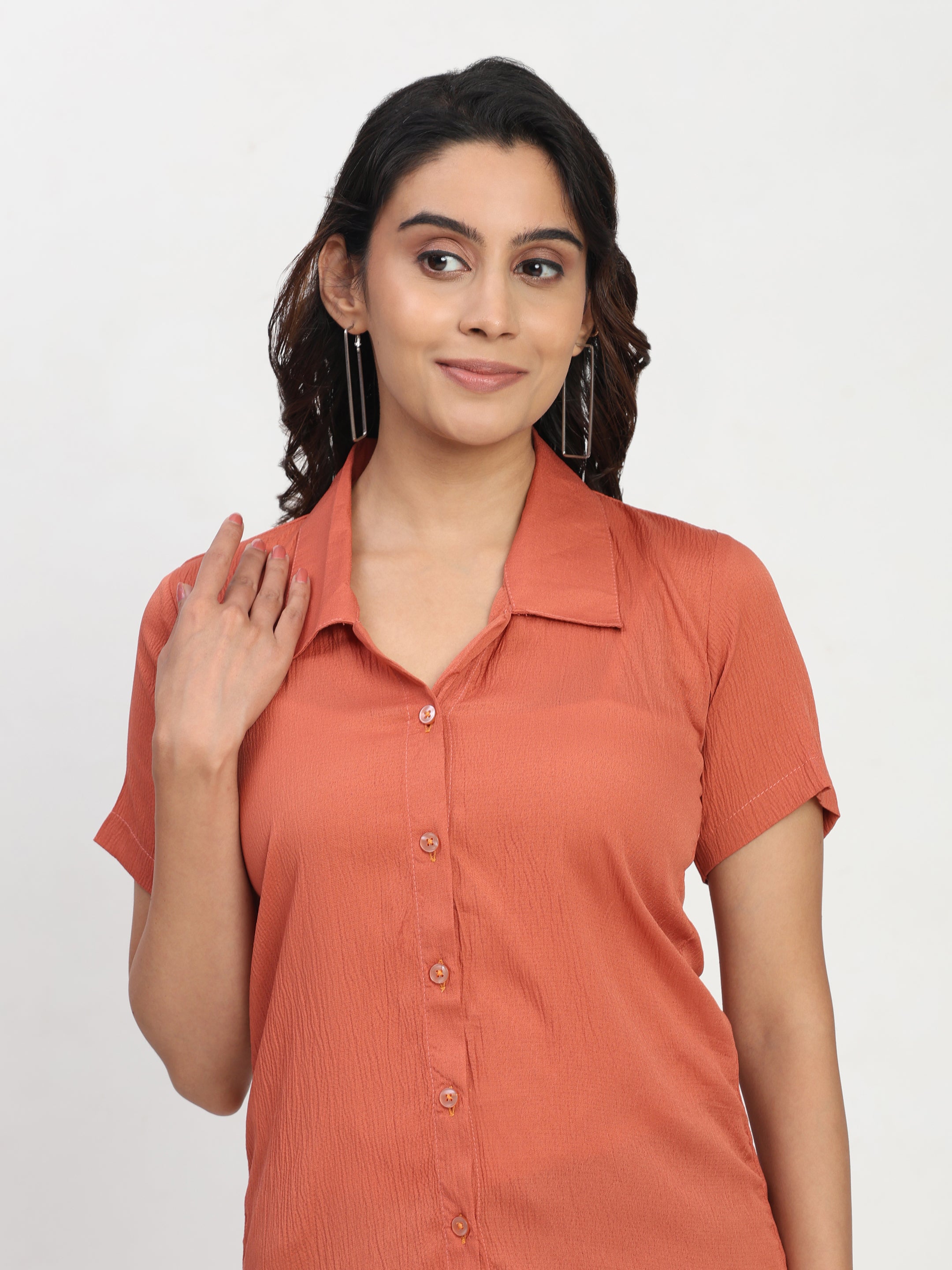 TrendRush Women Orange Short Sleeve Solid Shirt