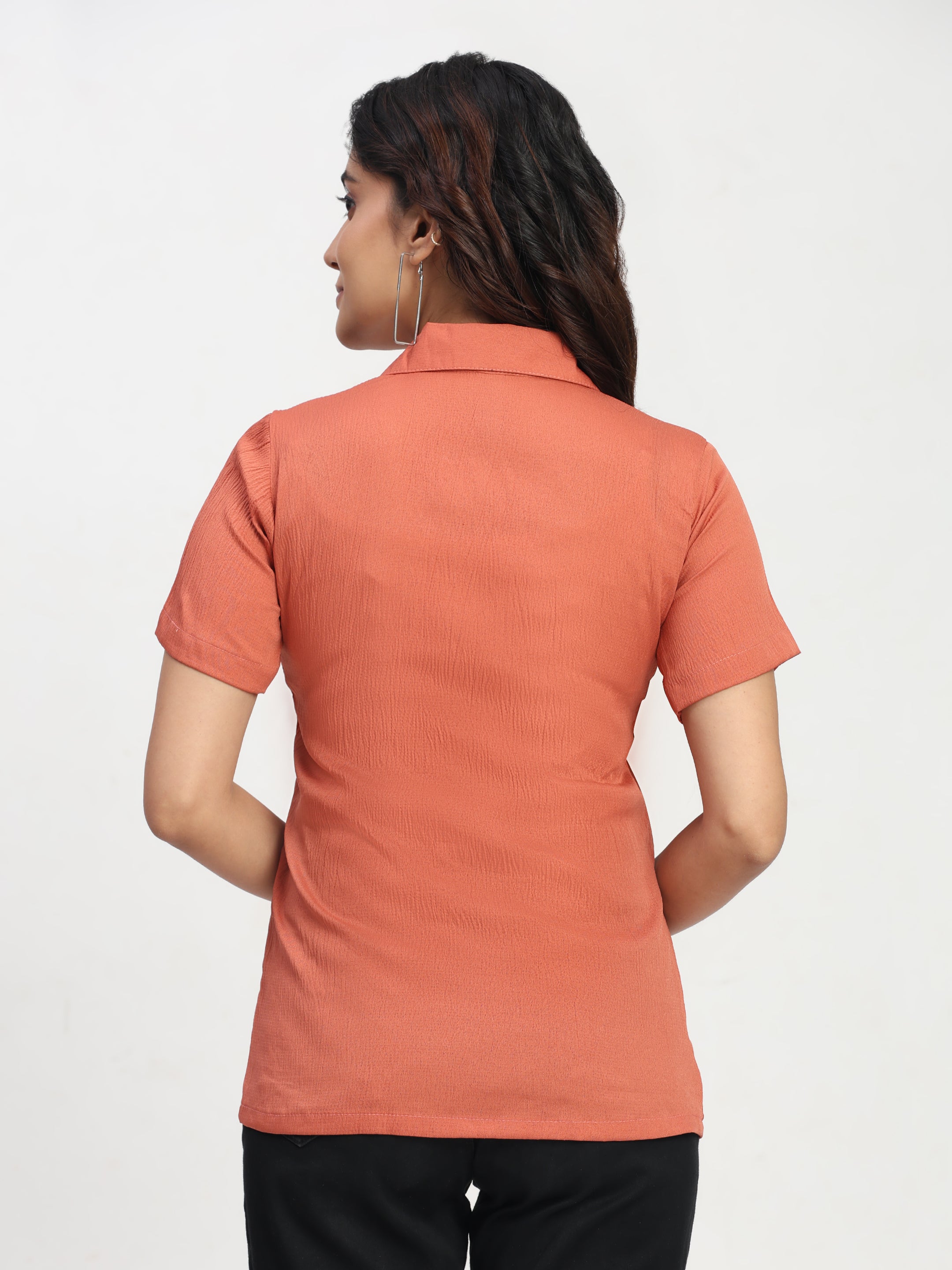 TrendRush Women Orange Short Sleeve Solid Shirt