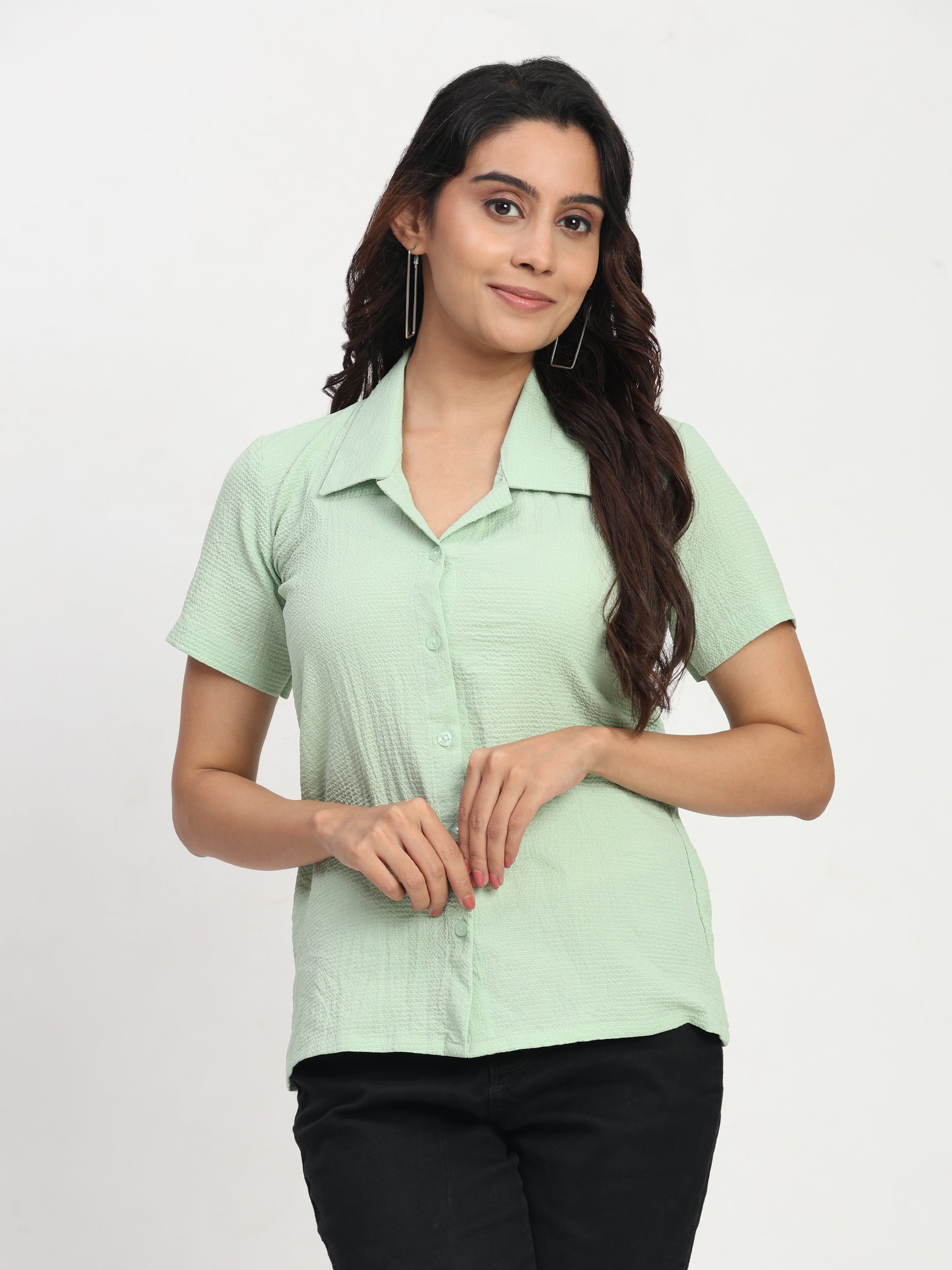 TrendRush Women Light Green Short Sleeve Solid Shirt