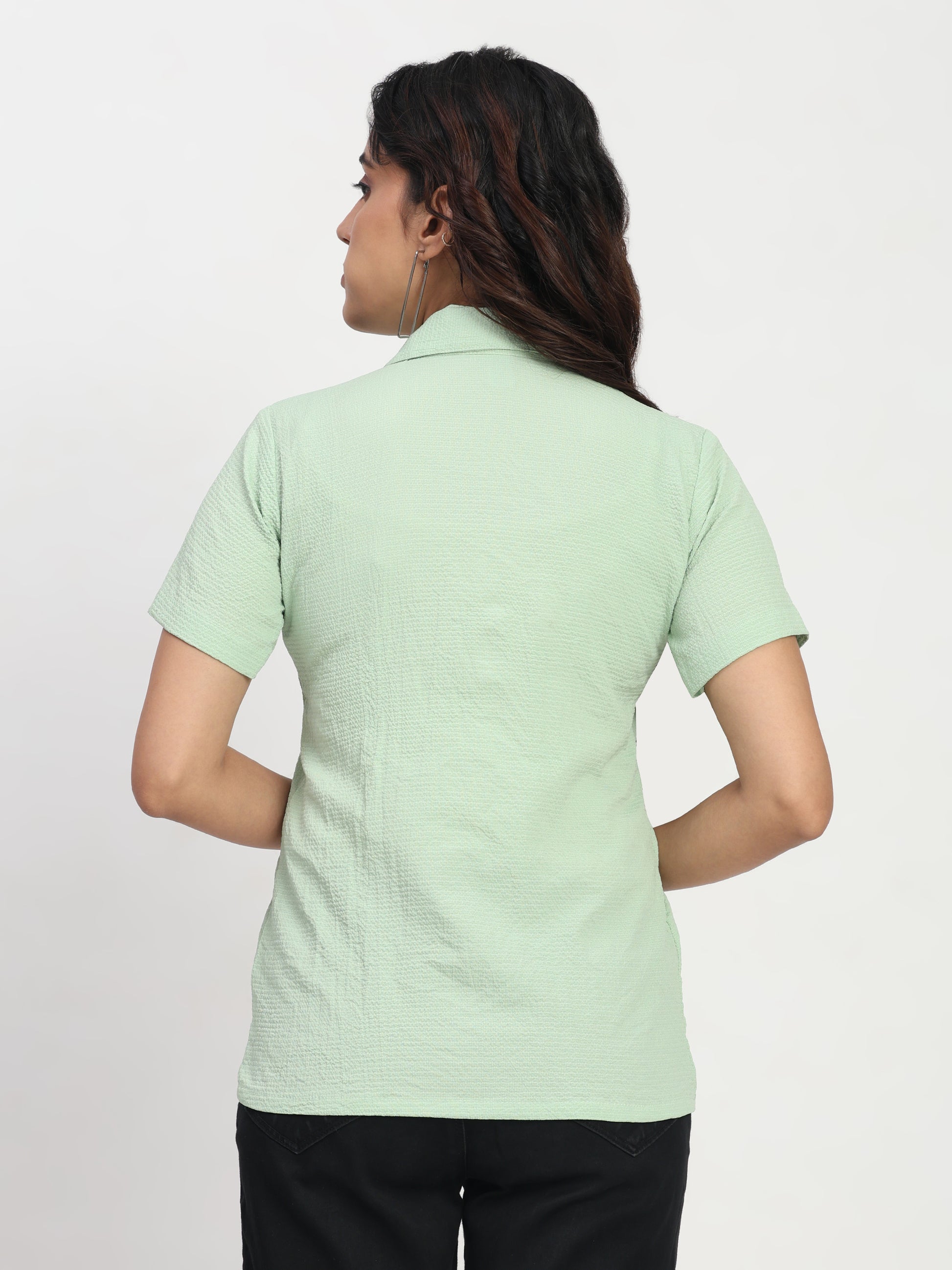 TrendRush Women Light Green Short Sleeve Solid Shirt