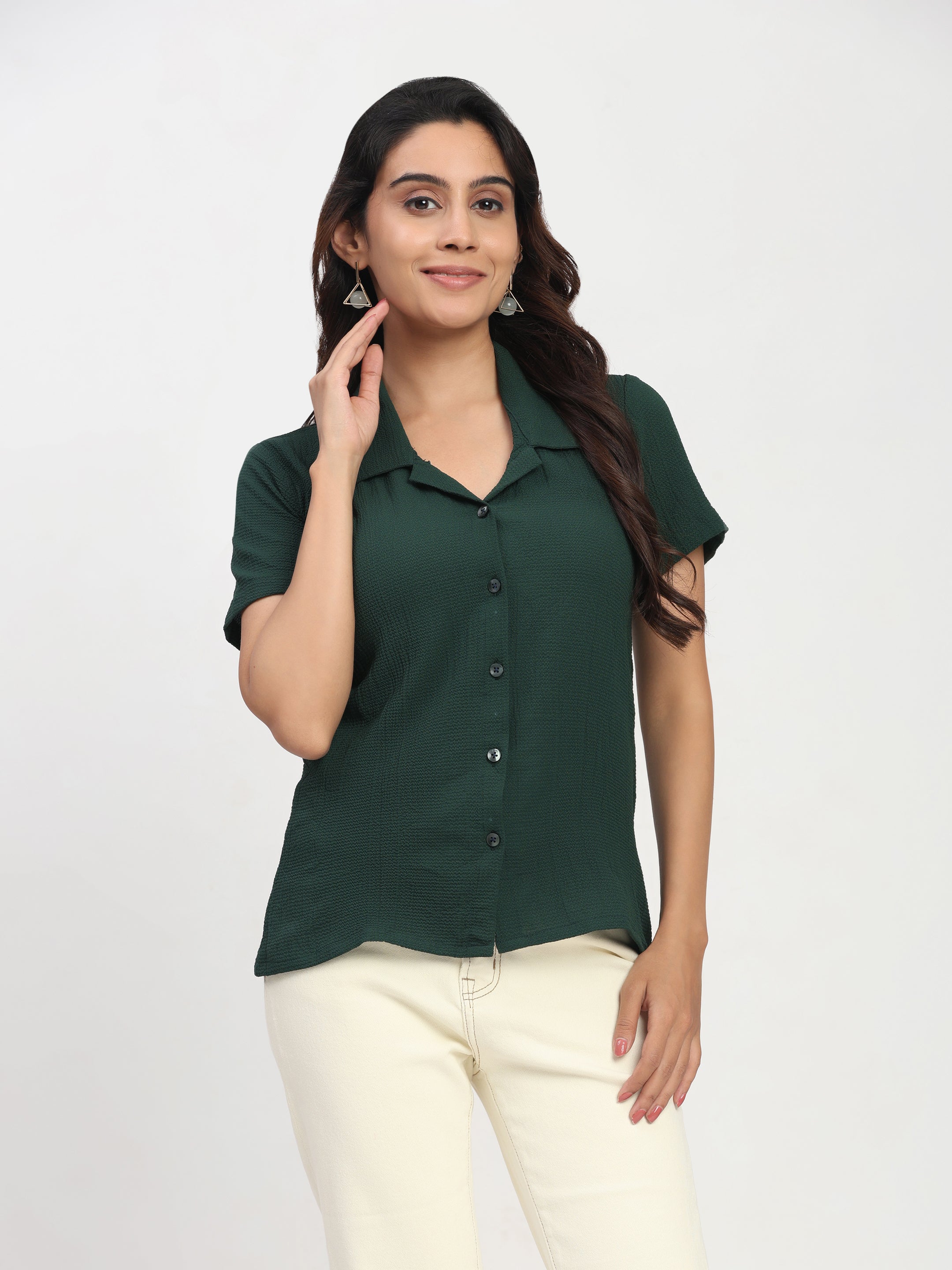 Trendrush Women Green Shirt with Short Sleeves – Casual & Work Wear