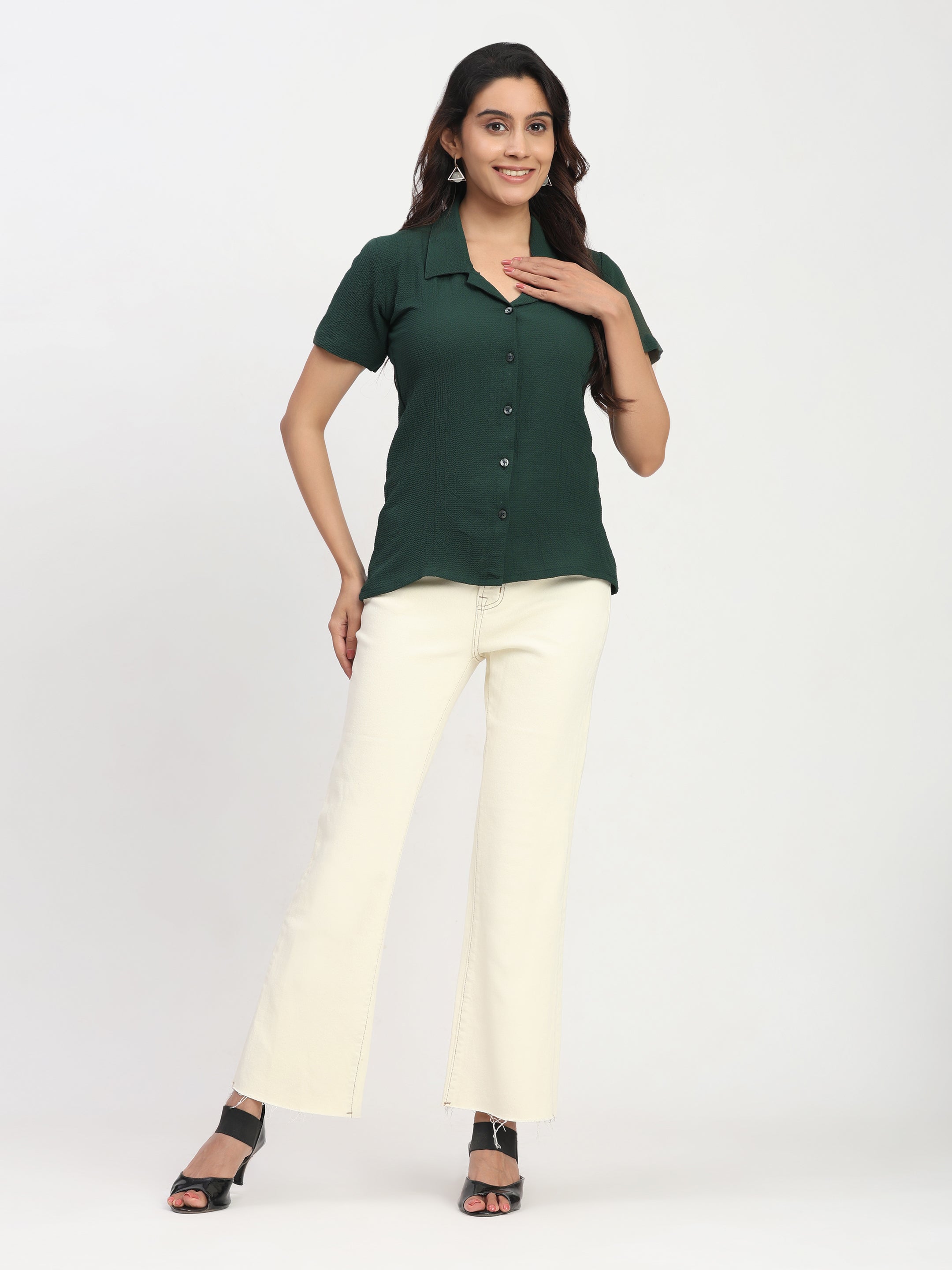 Trendrush Women Green Shirt with Short Sleeves – Casual & Work Wear