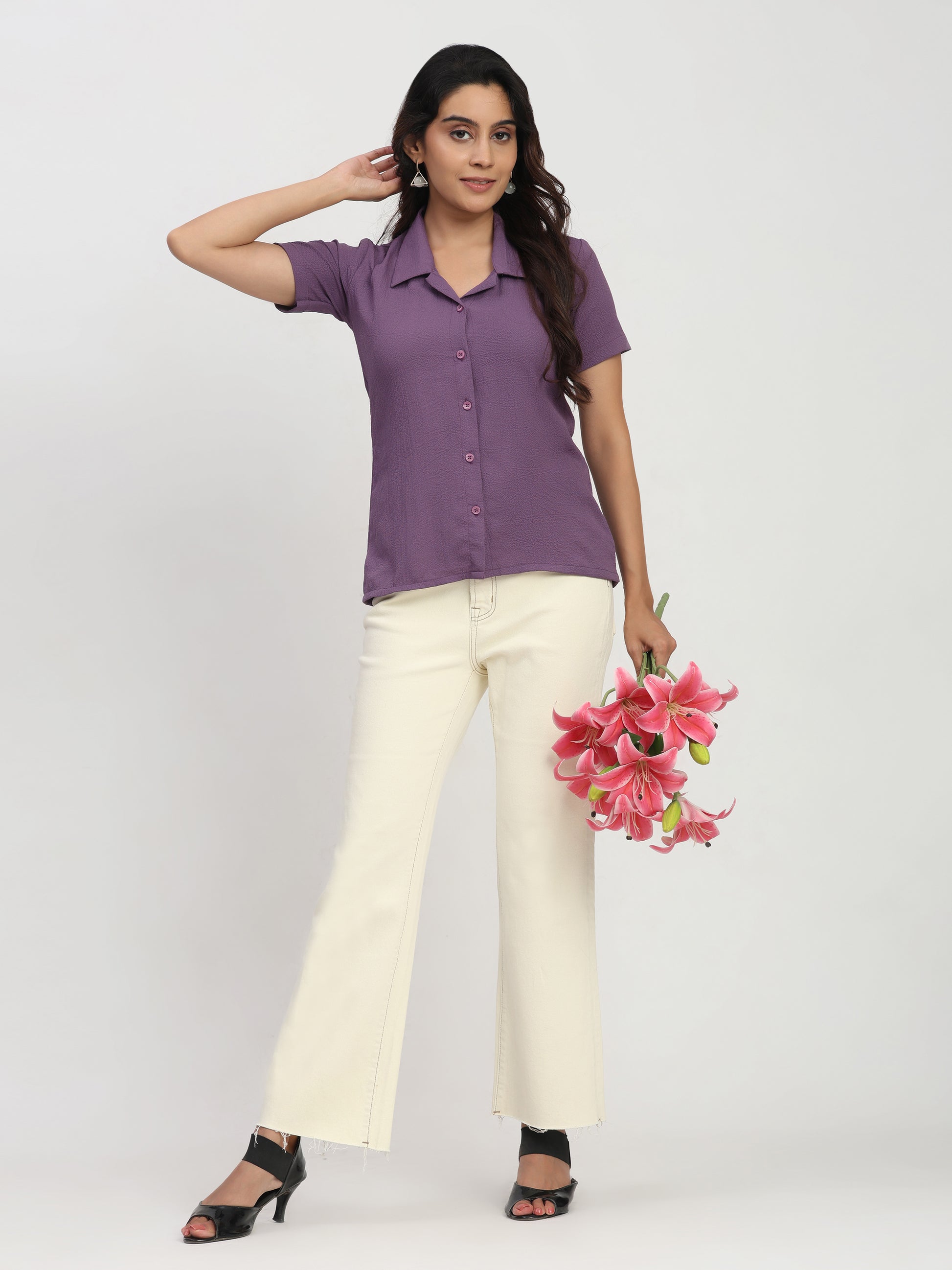 Trendrush Women Purple Short Sleeve Shirt – Versatile Everyday Style