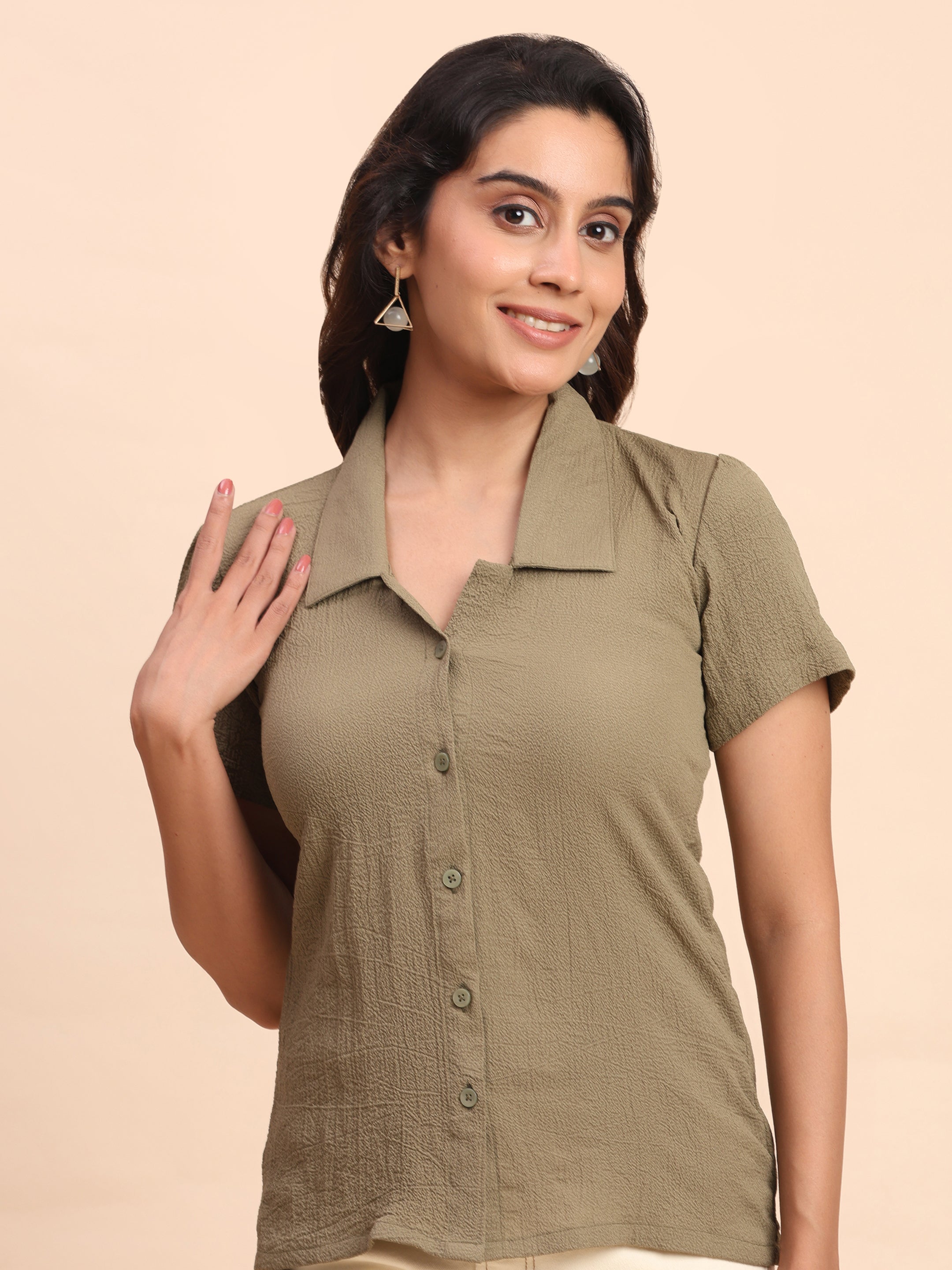 Trendrush Women Beige Sleeve Solid Shirt – Classic & Elegant