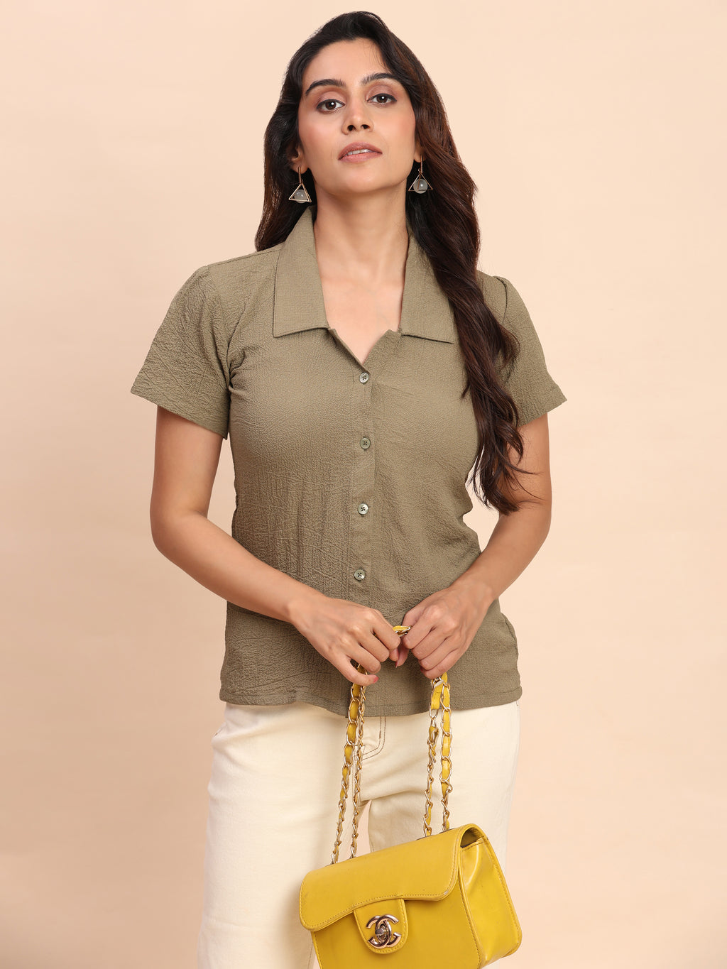 Trendrush Women Beige Sleeve Solid Shirt – Classic & Elegant