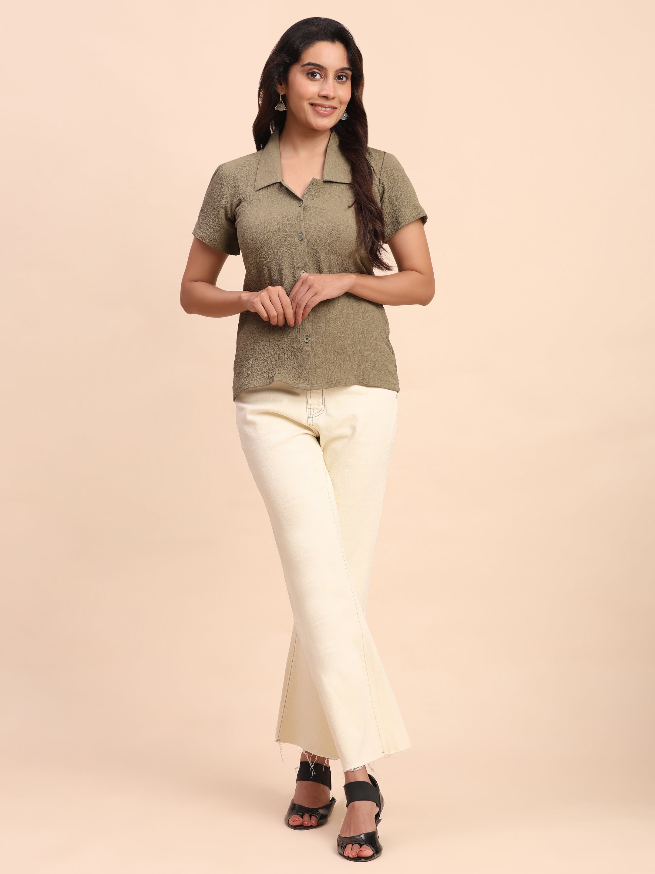 Trendrush Women Beige Sleeve Solid Shirt – Classic & Elegant