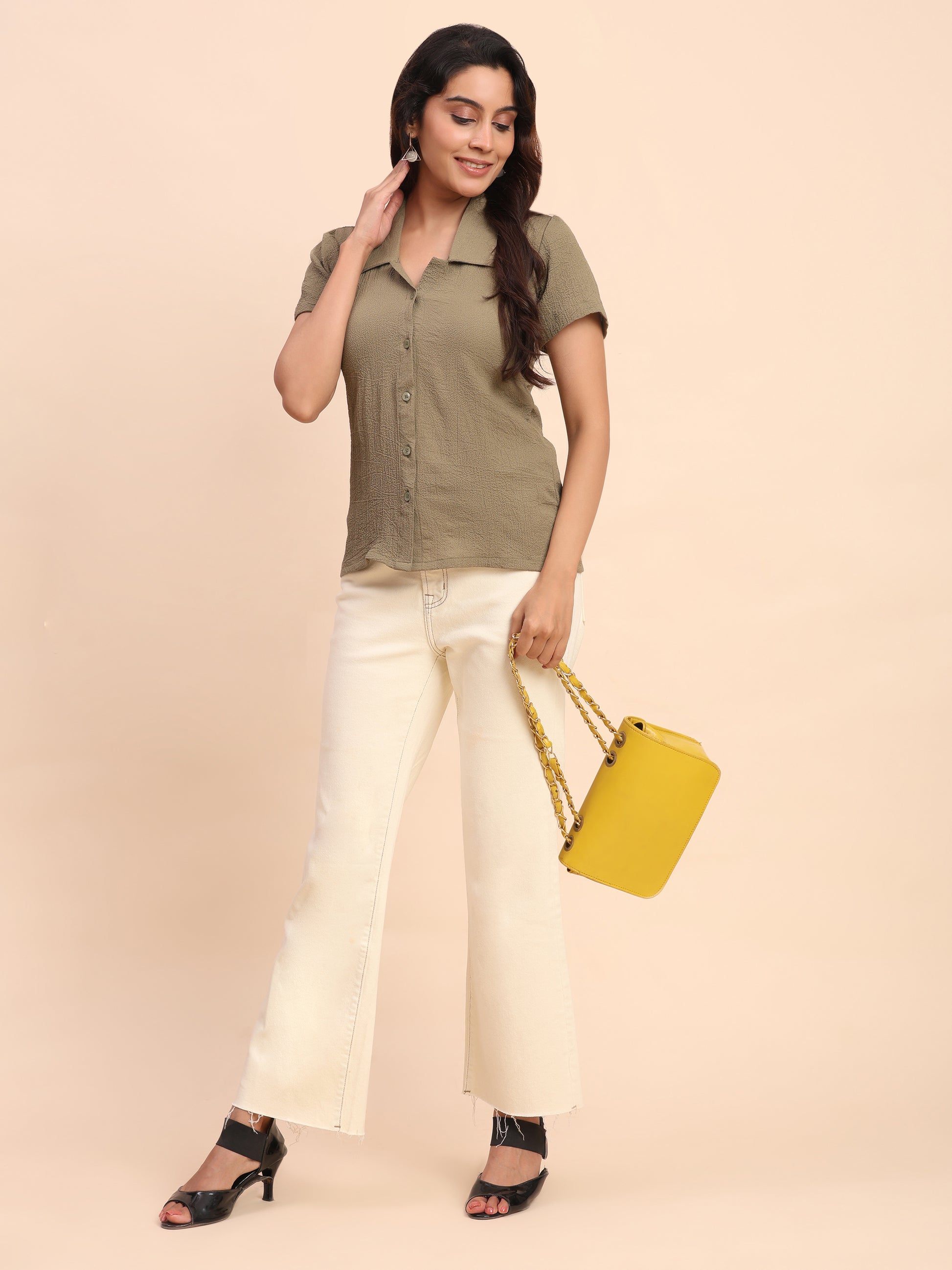 Trendrush Women Beige Sleeve Solid Shirt – Classic & Elegant