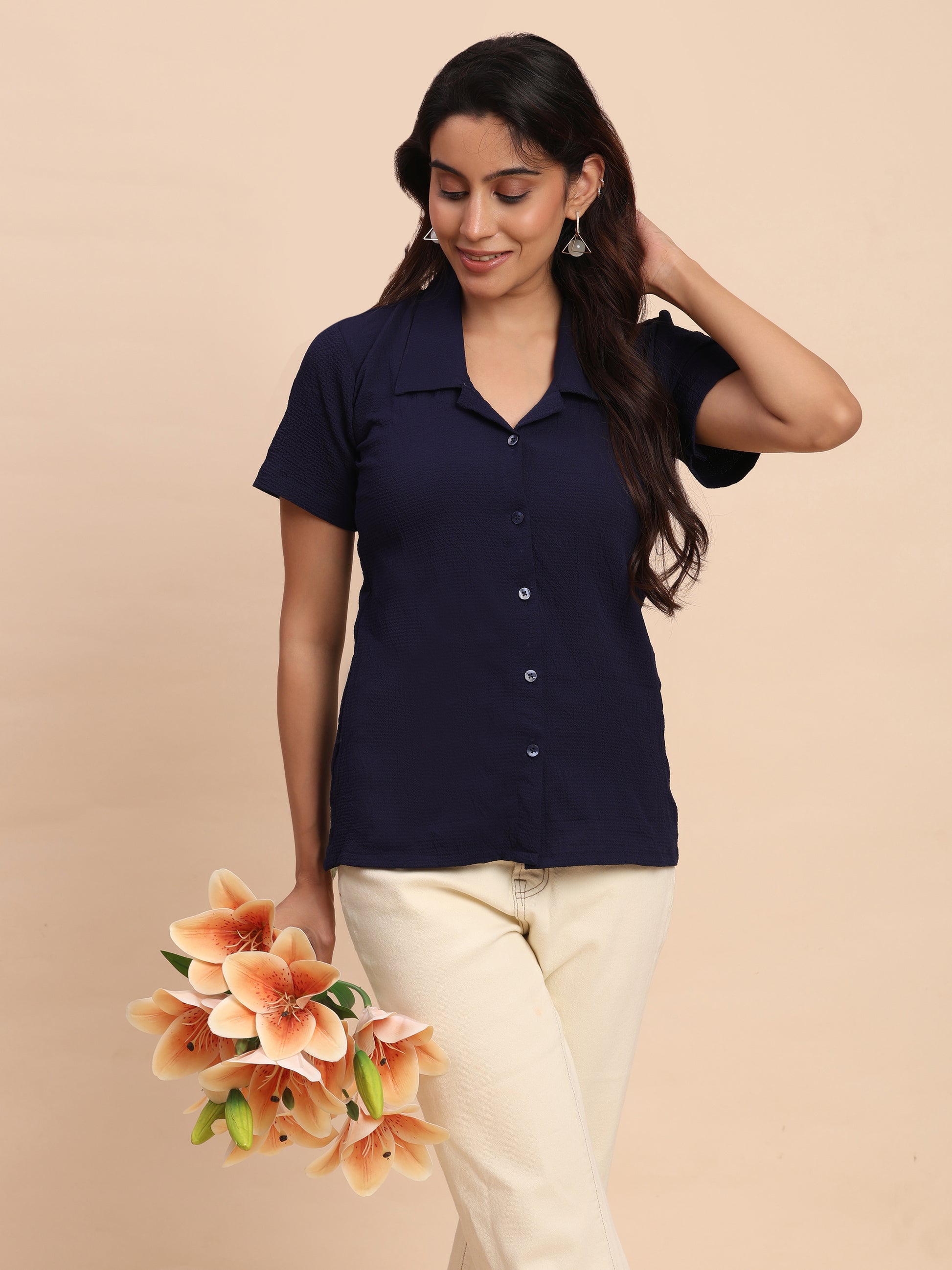 Trendrush Women Blue Shirt with Short Sleeves – Everyday Essential