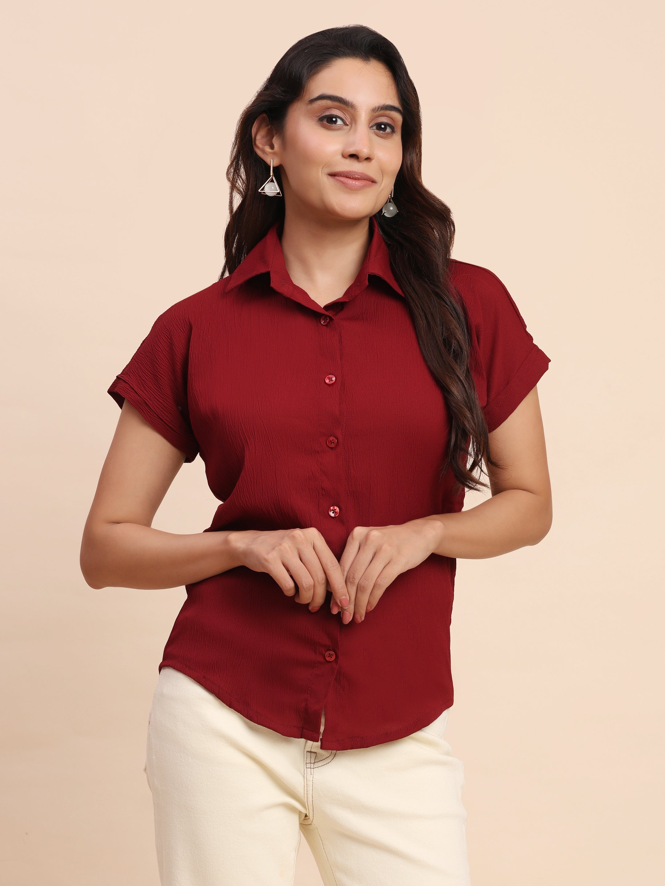 Trendrush Women Solid Maroon Short Sleeve Shirt – Elegant & Chic