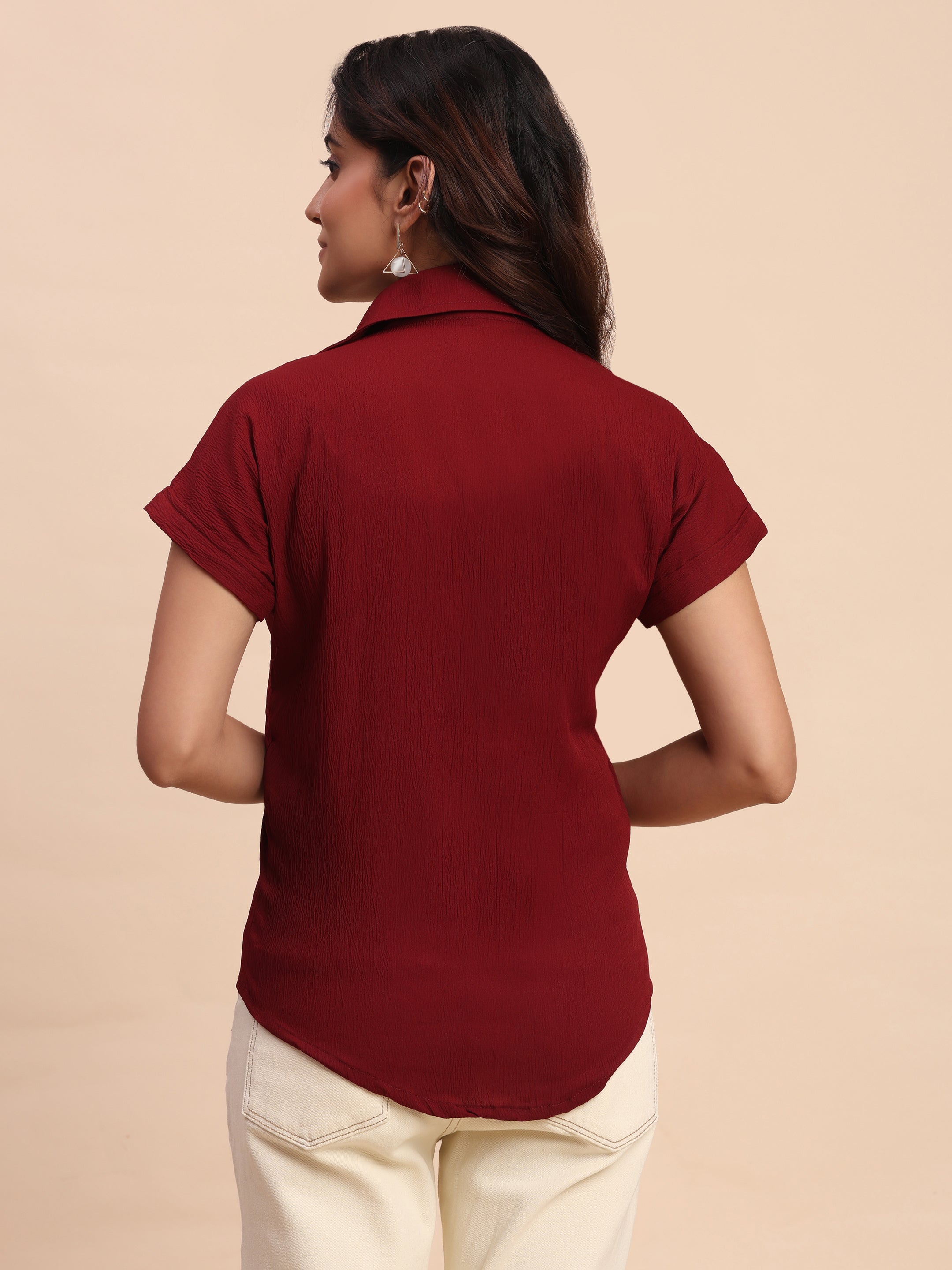 Trendrush Women Solid Maroon Short Sleeve Shirt – Elegant & Chic