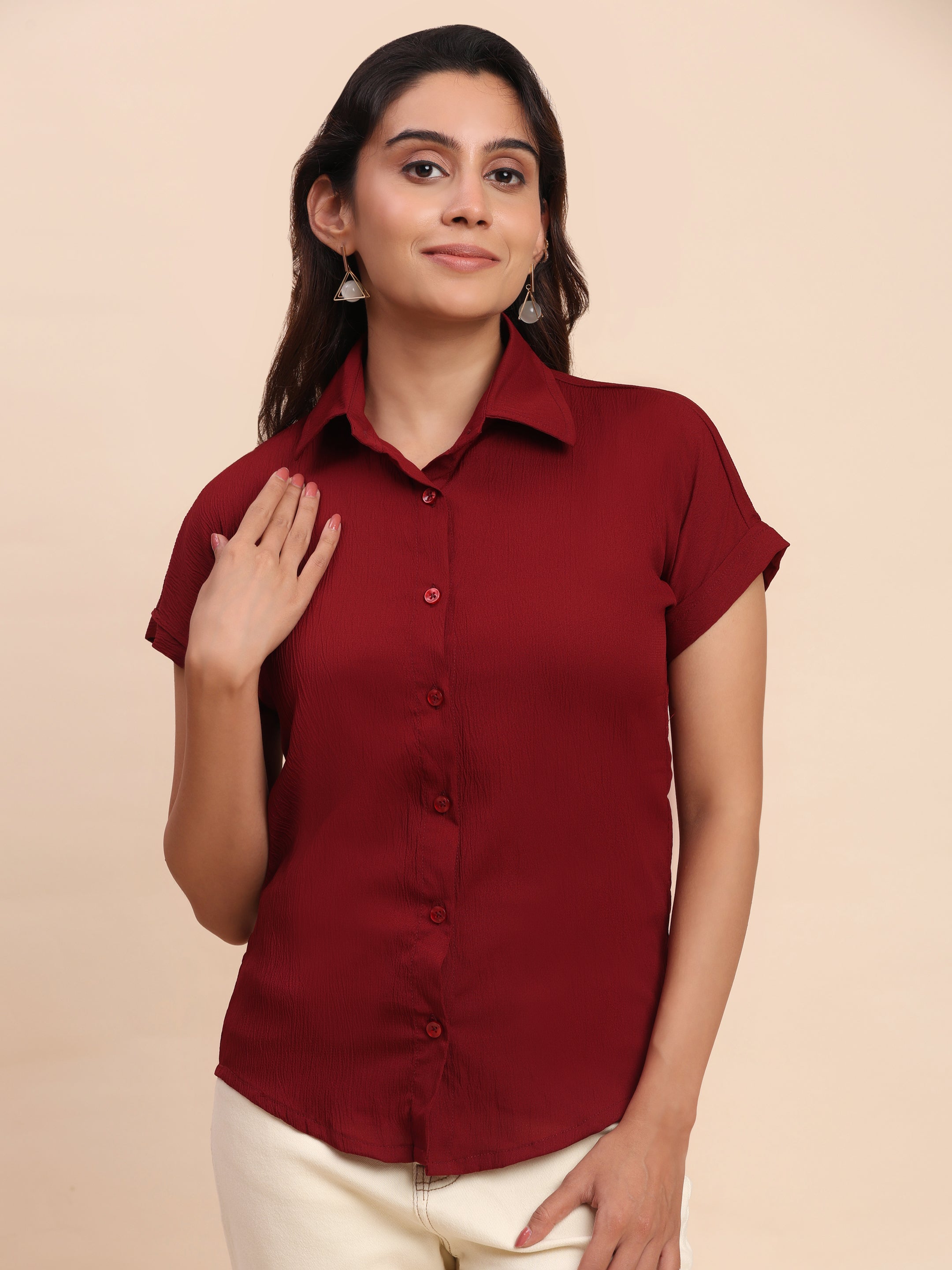 Trendrush Women Solid Maroon Short Sleeve Shirt – Elegant & Chic