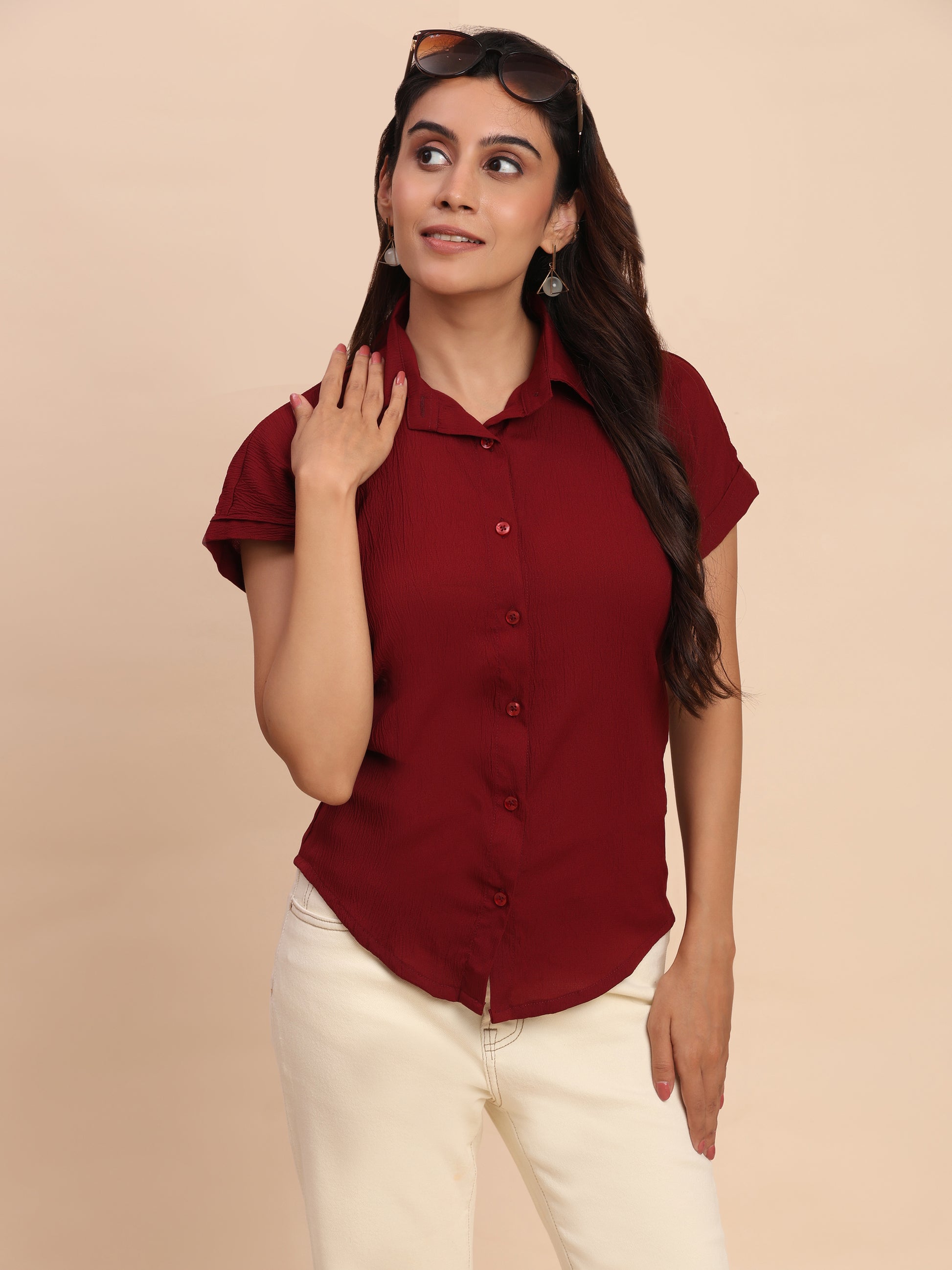 Trendrush Women Solid Maroon Short Sleeve Shirt – Elegant & Chic